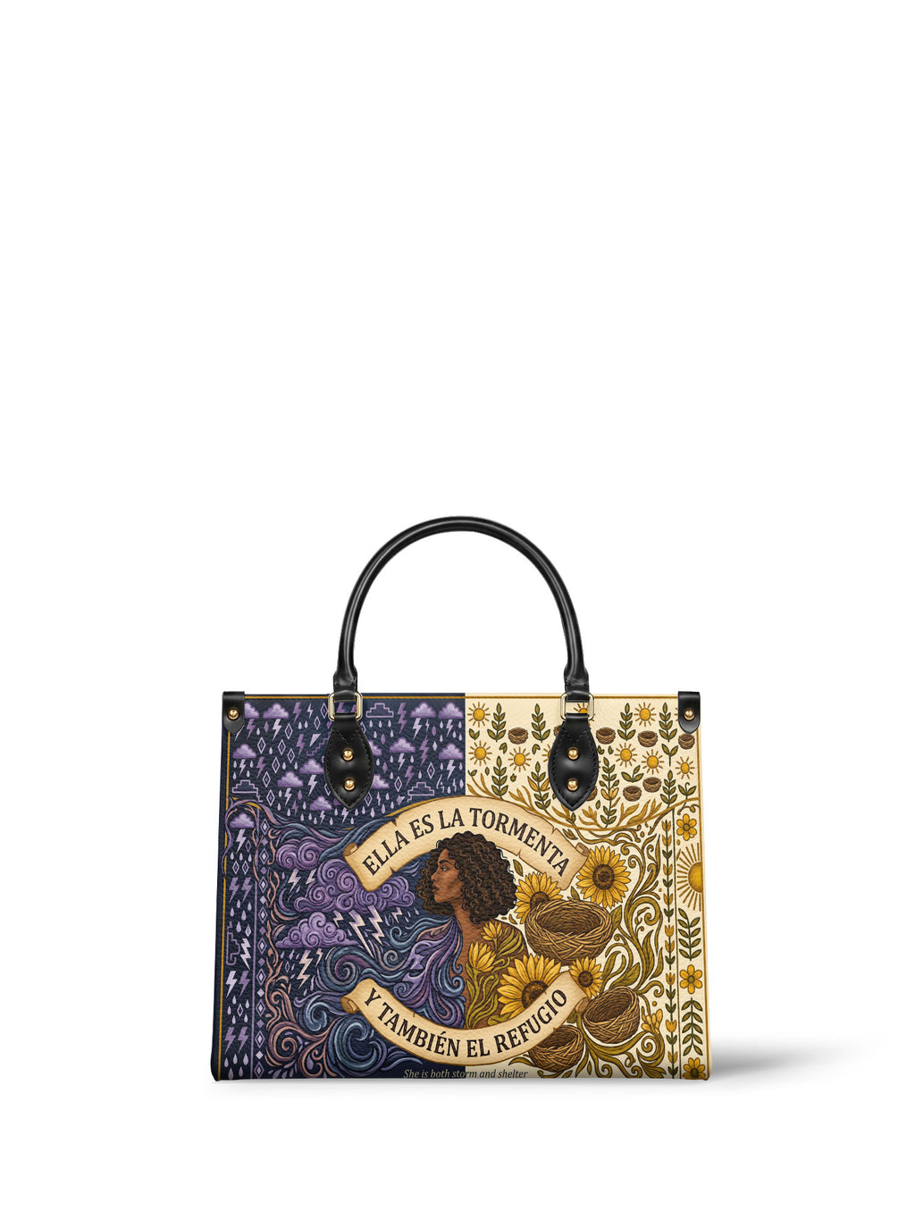"Ella es la tormenta y también el refugio" ver.2 Leather Handbag - front view | Paleta Bags