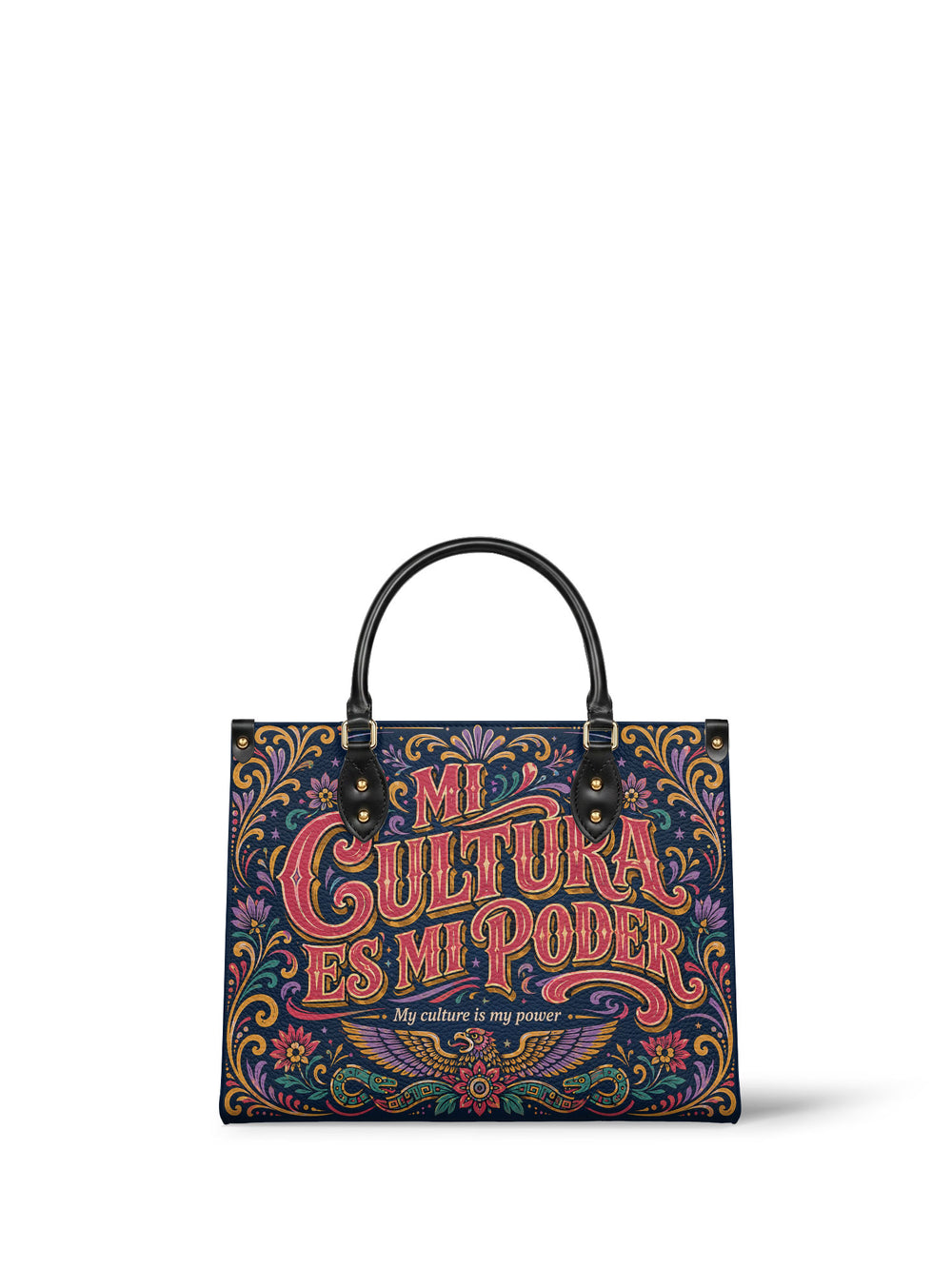 Navy handbag with the phrase in pink and gold shadowed capitals, gold flourishes and stars around it and a small eagle below