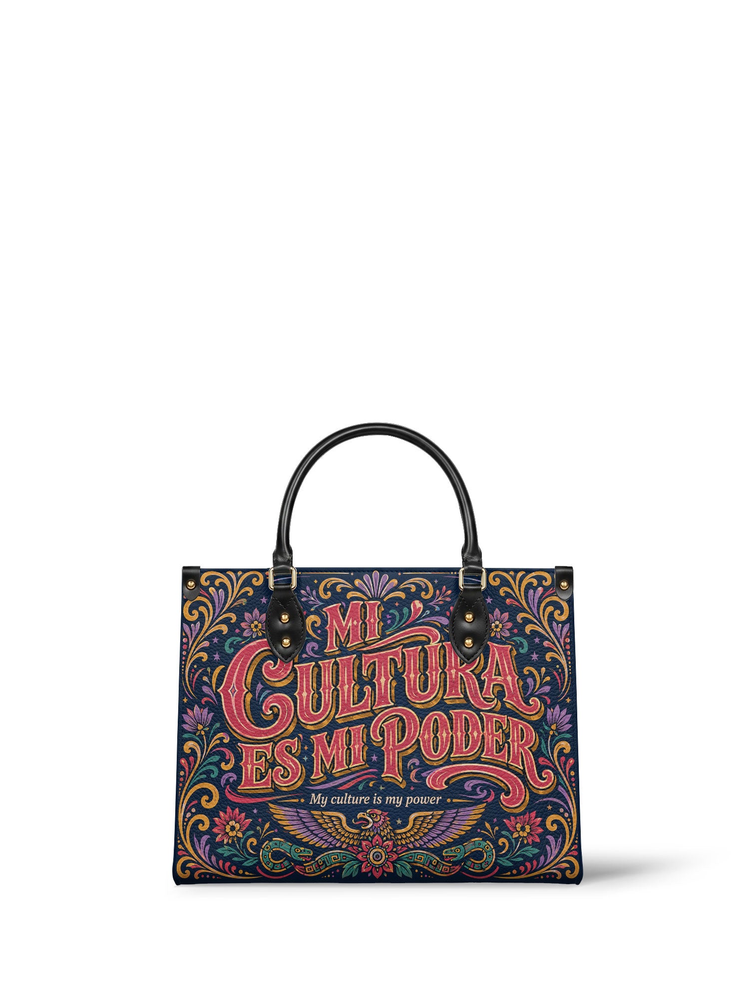 "Mi cultura es mi poder" ver.2 Leather Handbag - front view | Paleta Bags