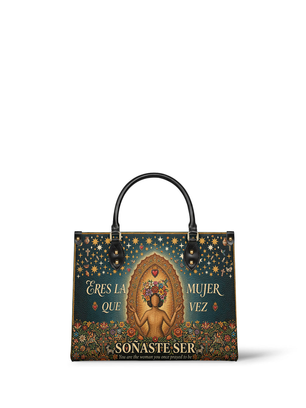 "Eres la mujer que alguna vez soñaste ser" ver.4 Leather Handbag - front view | Paleta Bags