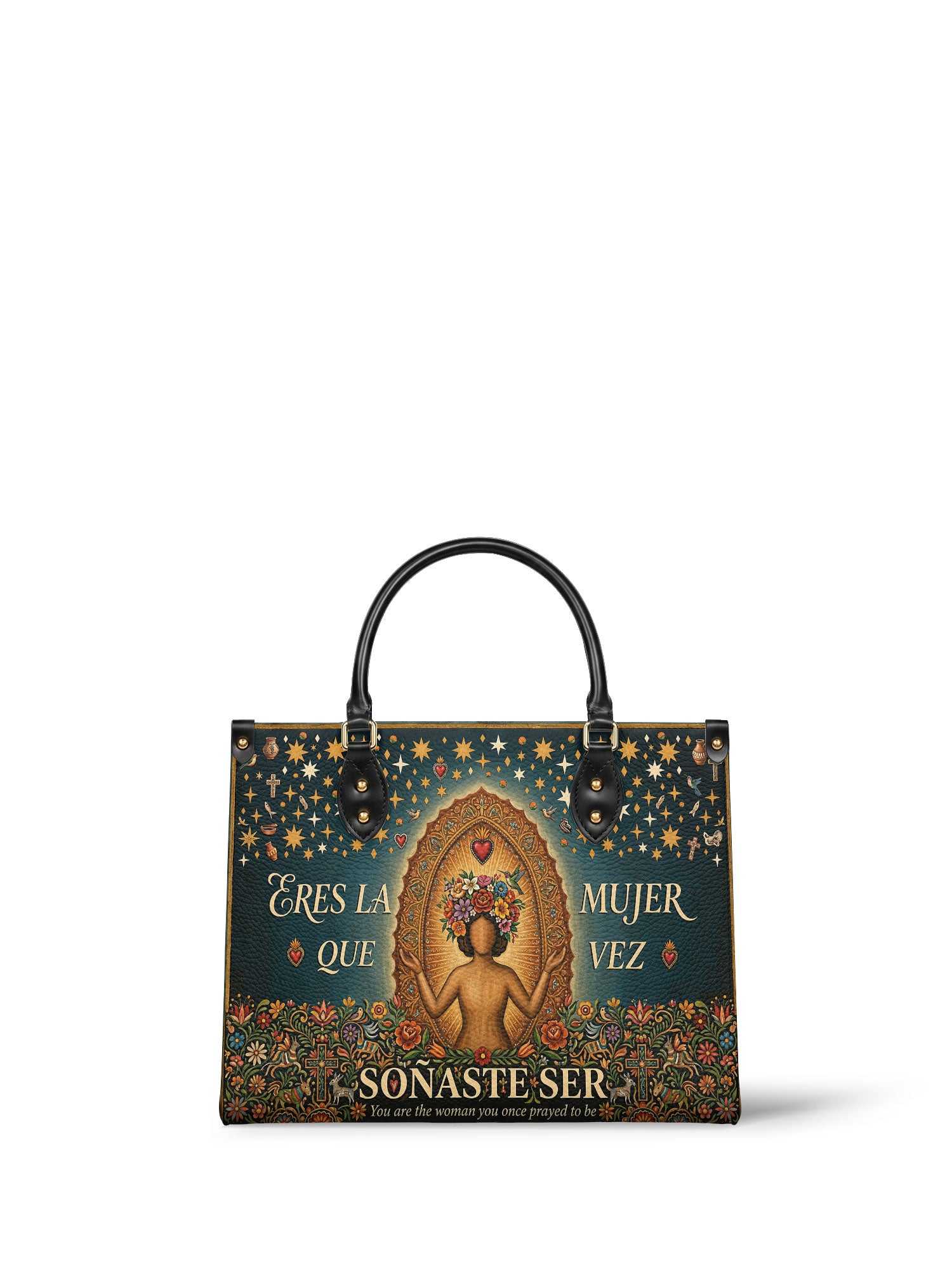 "Eres la mujer que alguna vez soñaste ser" ver.4 Leather Handbag - front view | Paleta Bags