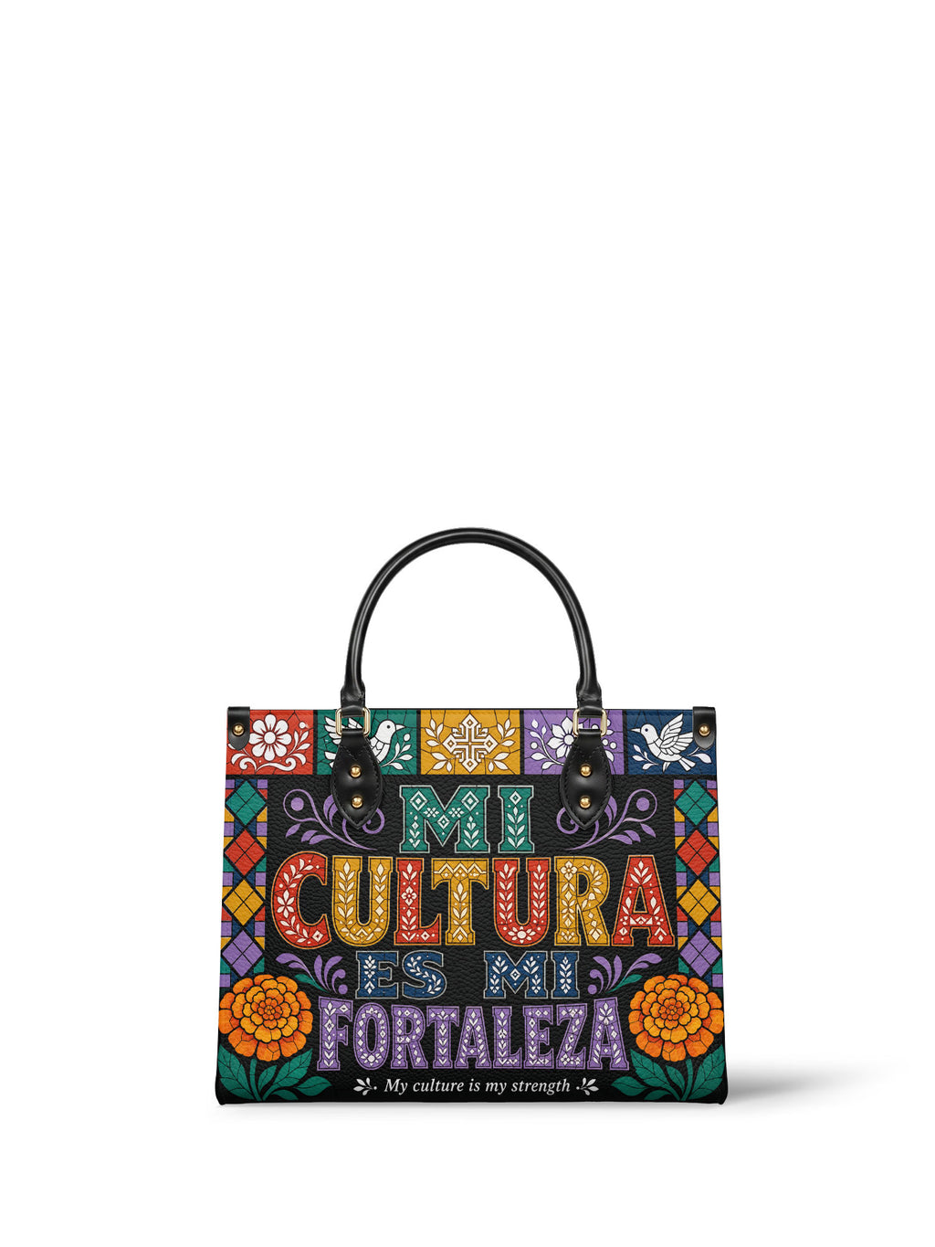 "Mi cultura es mi fortaleza" ver.4 Leather Handbag - front view | Paleta Bags