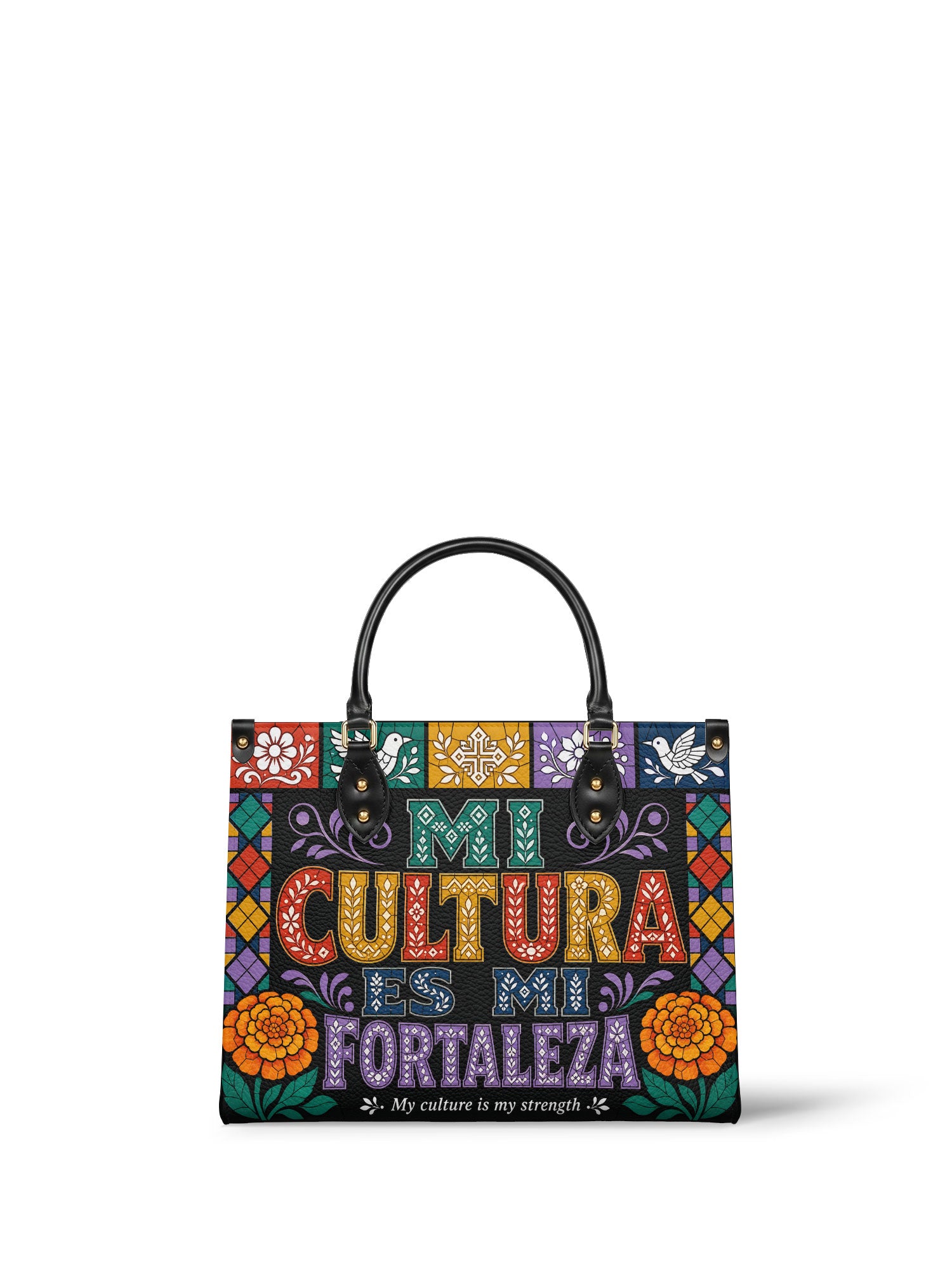 "Mi cultura es mi fortaleza" ver.4 Leather Handbag - front view | Paleta Bags