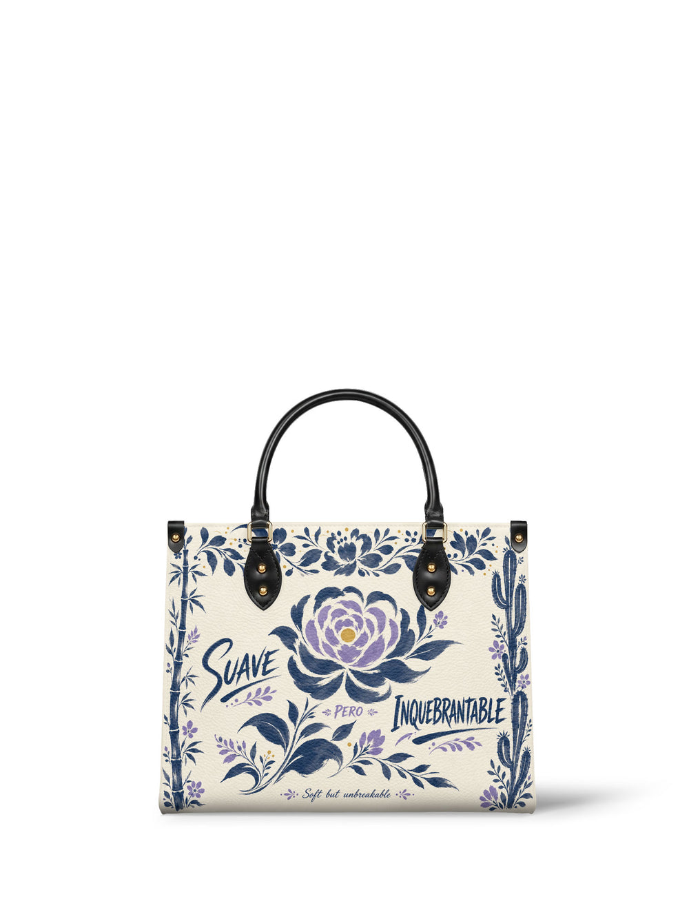 Cream handbag with a large lilac and indigo peony at the centre, leaves sweeping out and blue lettering on both sides