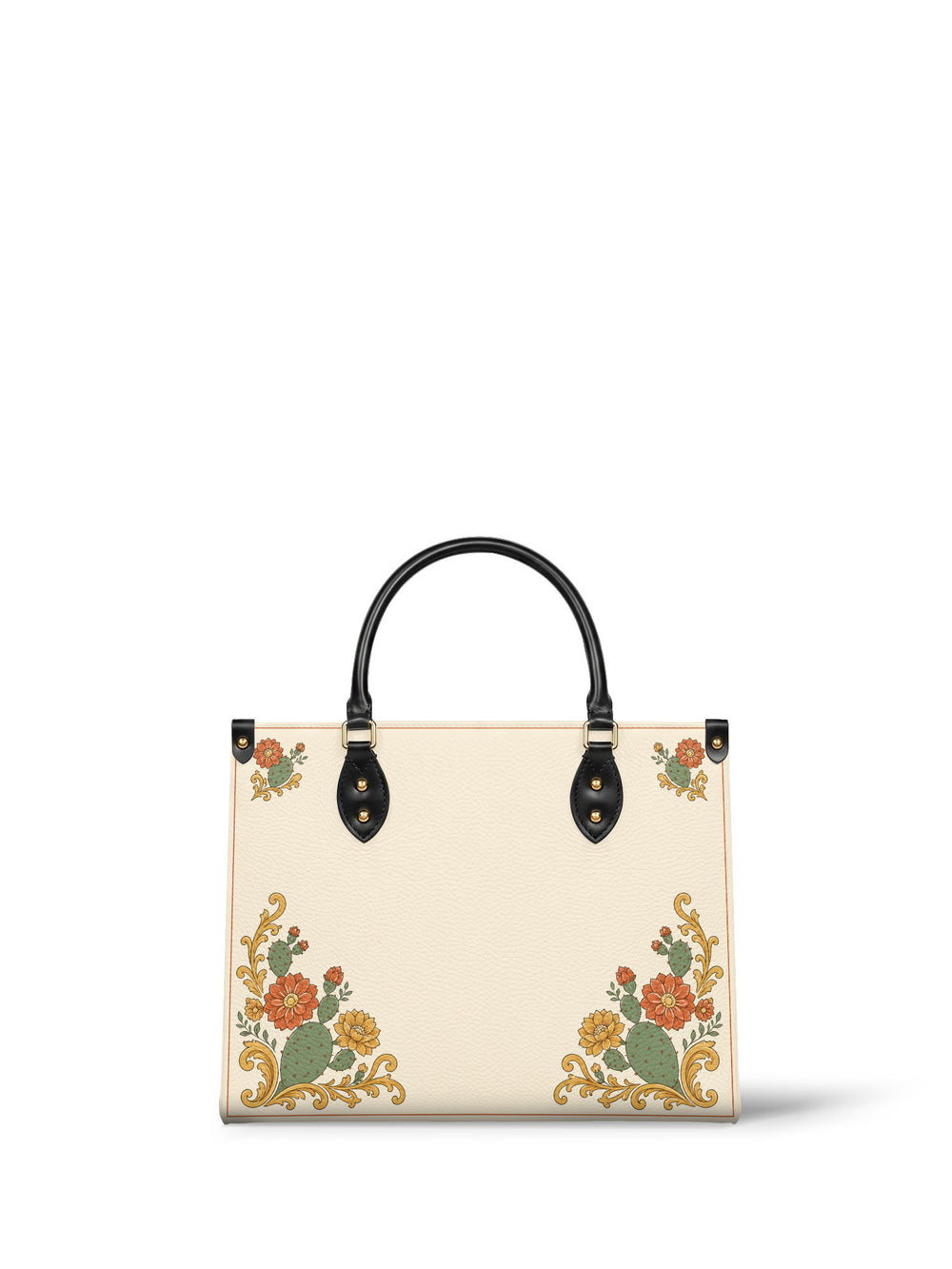 Cream handbag with small prickly pear pads and coral and yellow blossoms in the lower corners, the middle left plain