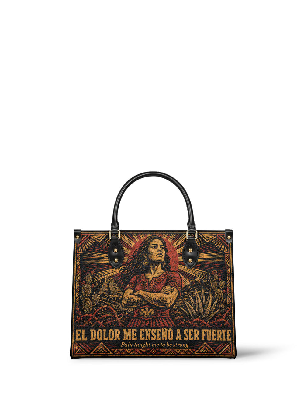 Near black woodcut handbag, woman with arms crossed in a red huipil before a red sun disc, pyramid and agave behind her