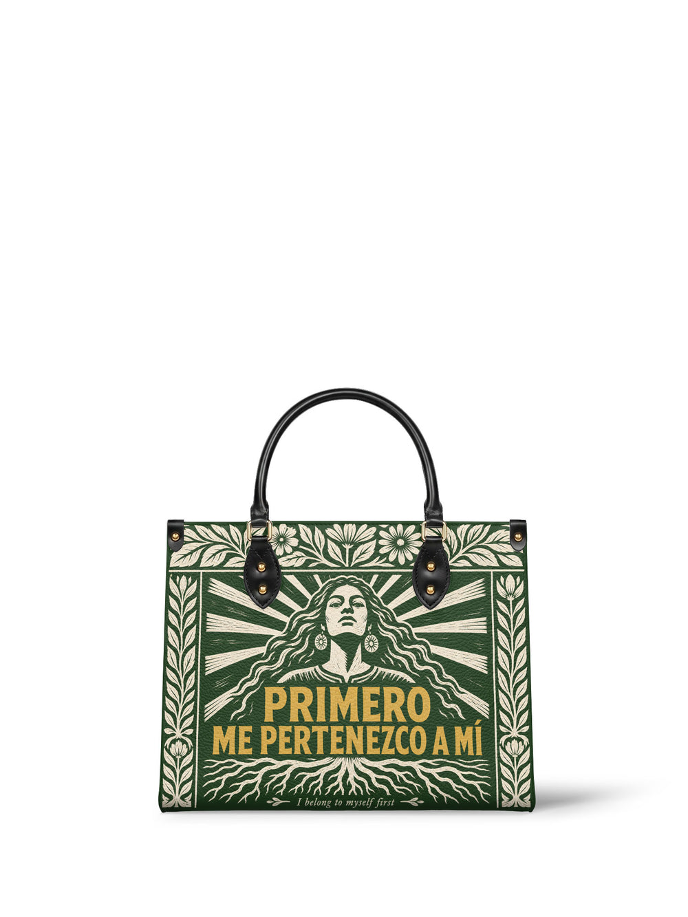 Forest green linocut handbag with a woman facing out, her hair spreading into rays and roots, a carved band of leaves above