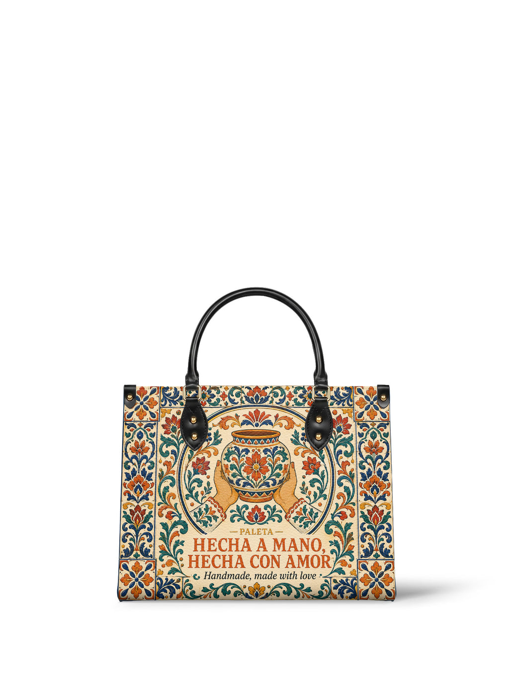 "Hecha a mano, hecha con amor" ver.2 Leather Handbag - Paleta Bags front view