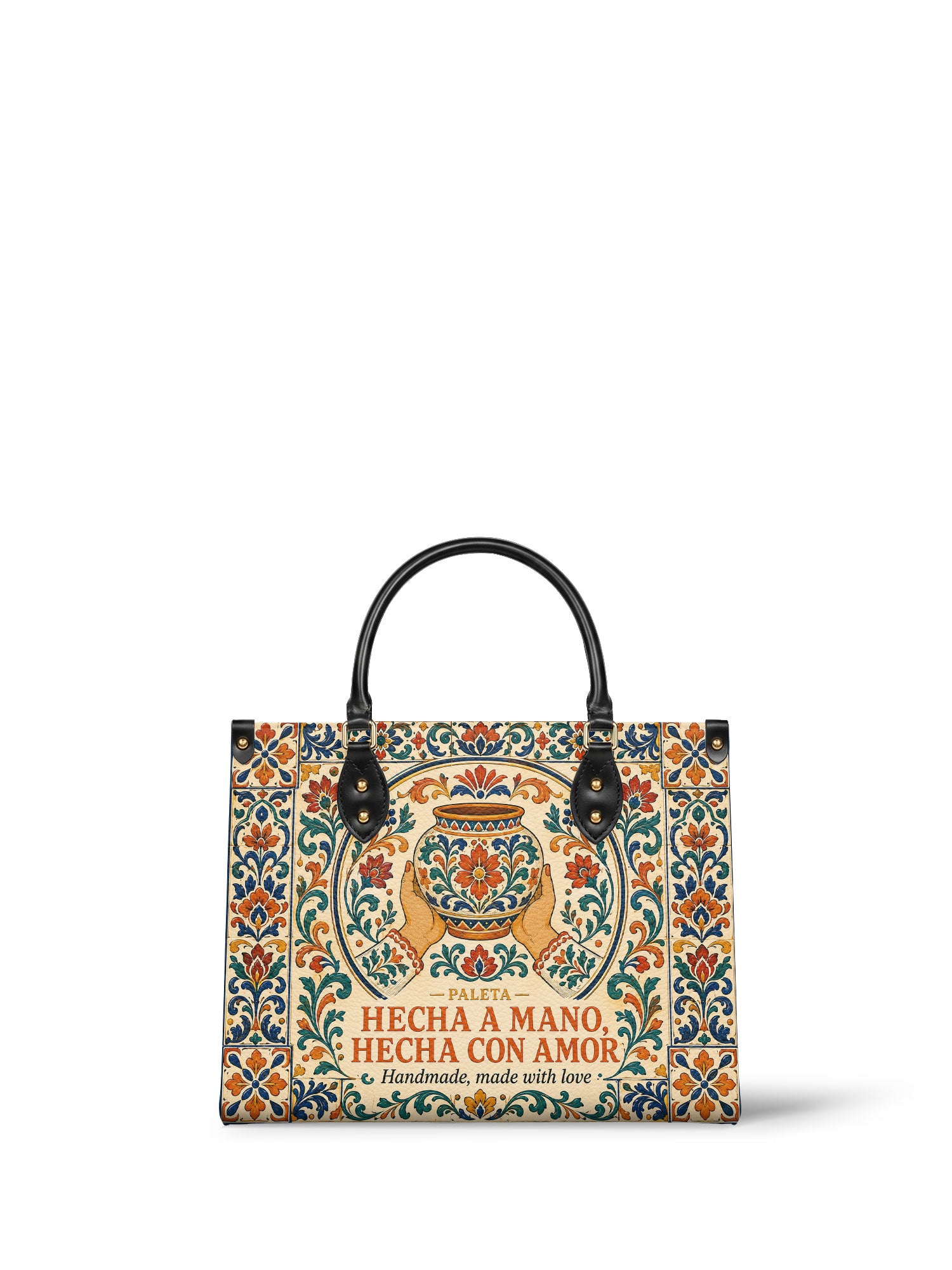 "Hecha a mano, hecha con amor" ver.2 Leather Handbag - Paleta Bags front view