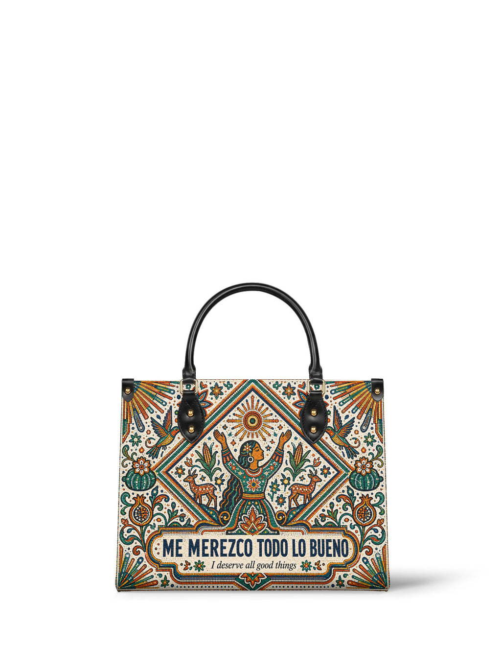 "Me merezco todo lo bueno" ver.5 Leather Handbag - front view | Paleta Bags
