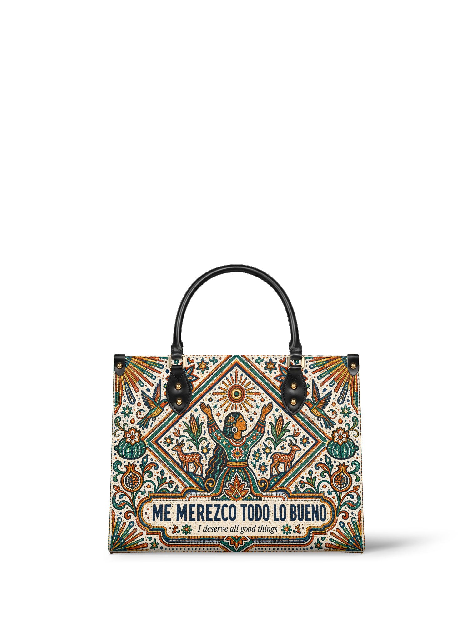 "Me merezco todo lo bueno" ver.5 Leather Handbag - front view | Paleta Bags