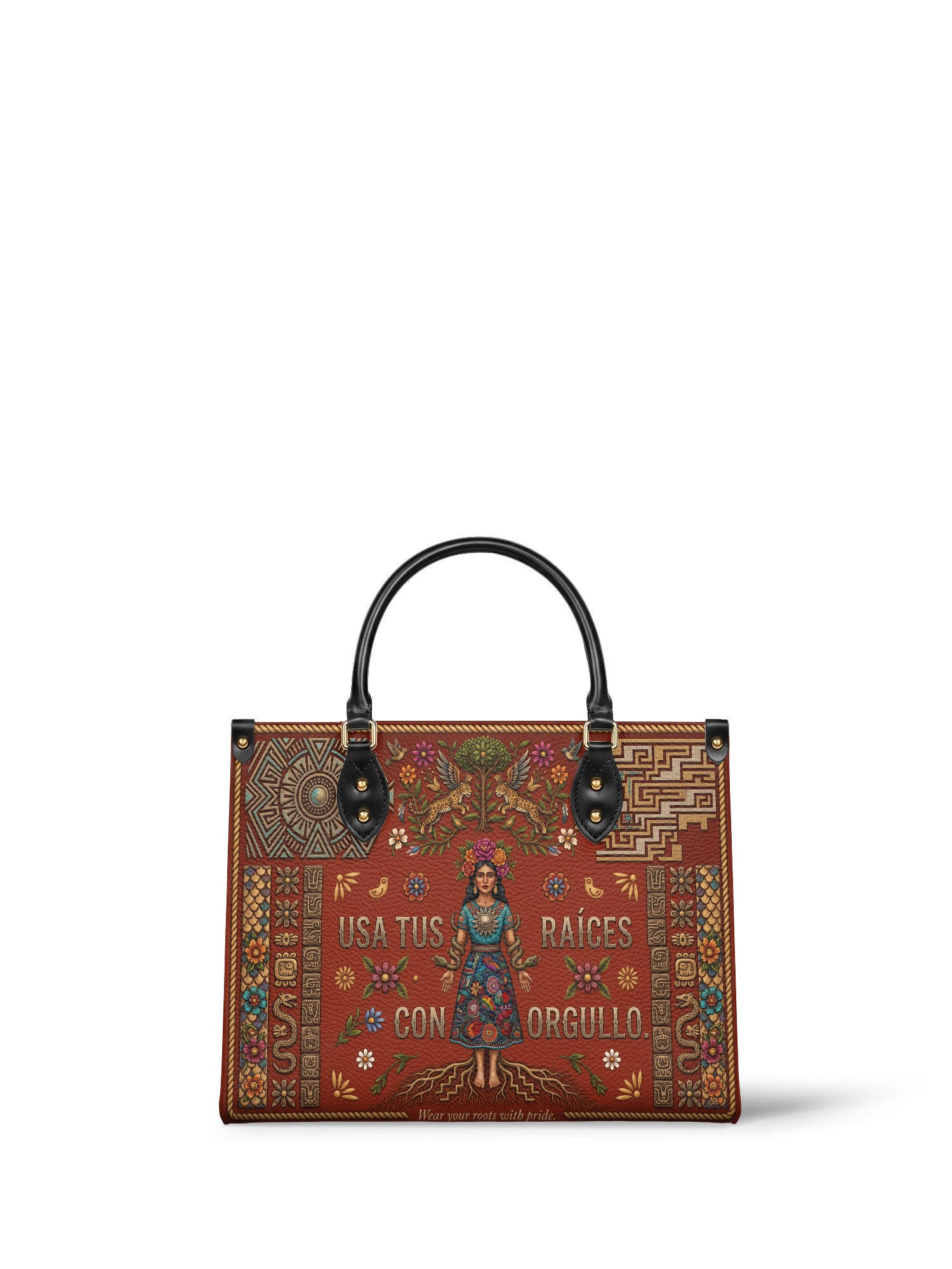 "Usa tus raíces con orgullo" ver.2 Leather Handbag - front view | Paleta Bags