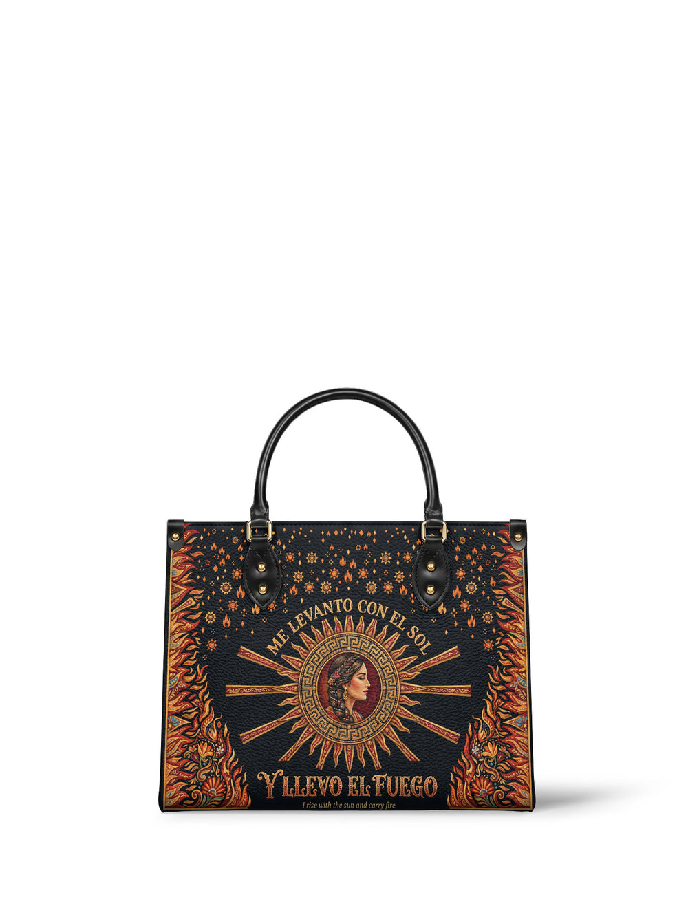 Near black handbag with a woman's profile on a deep red sun disc, broad copper spokes and flames rising in the lower corners