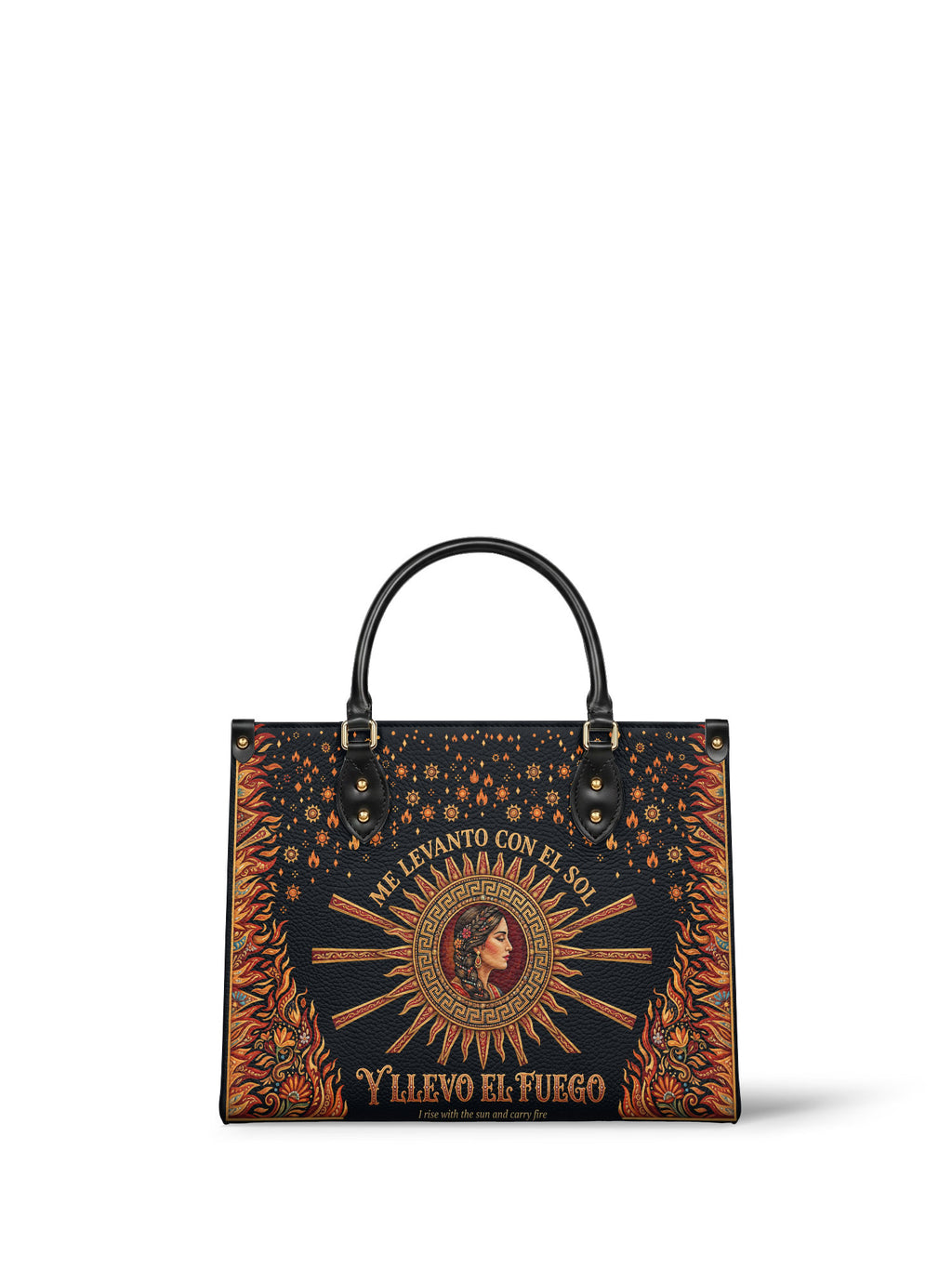 "Me levanto con el sol y llevo el fuego" ver.3 Leather Handbag - front view | Paleta Bags