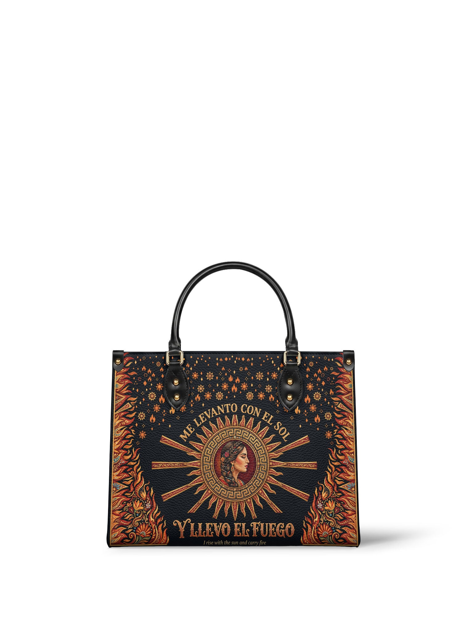 "Me levanto con el sol y llevo el fuego" ver.3 Leather Handbag - front view | Paleta Bags