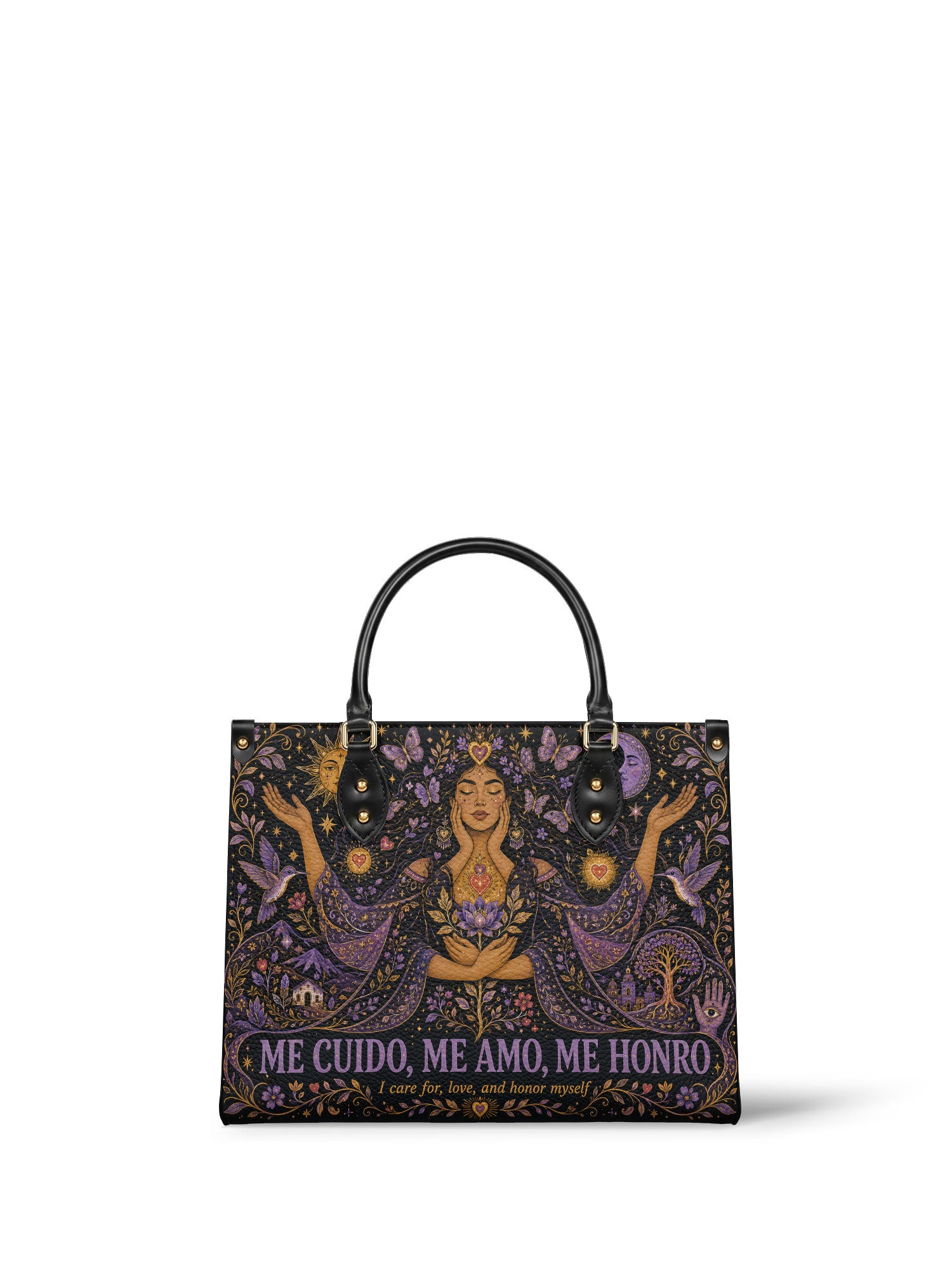 "Me cuido, me amo, me honro" ver.2 Leather Handbag - front view | Paleta Bags