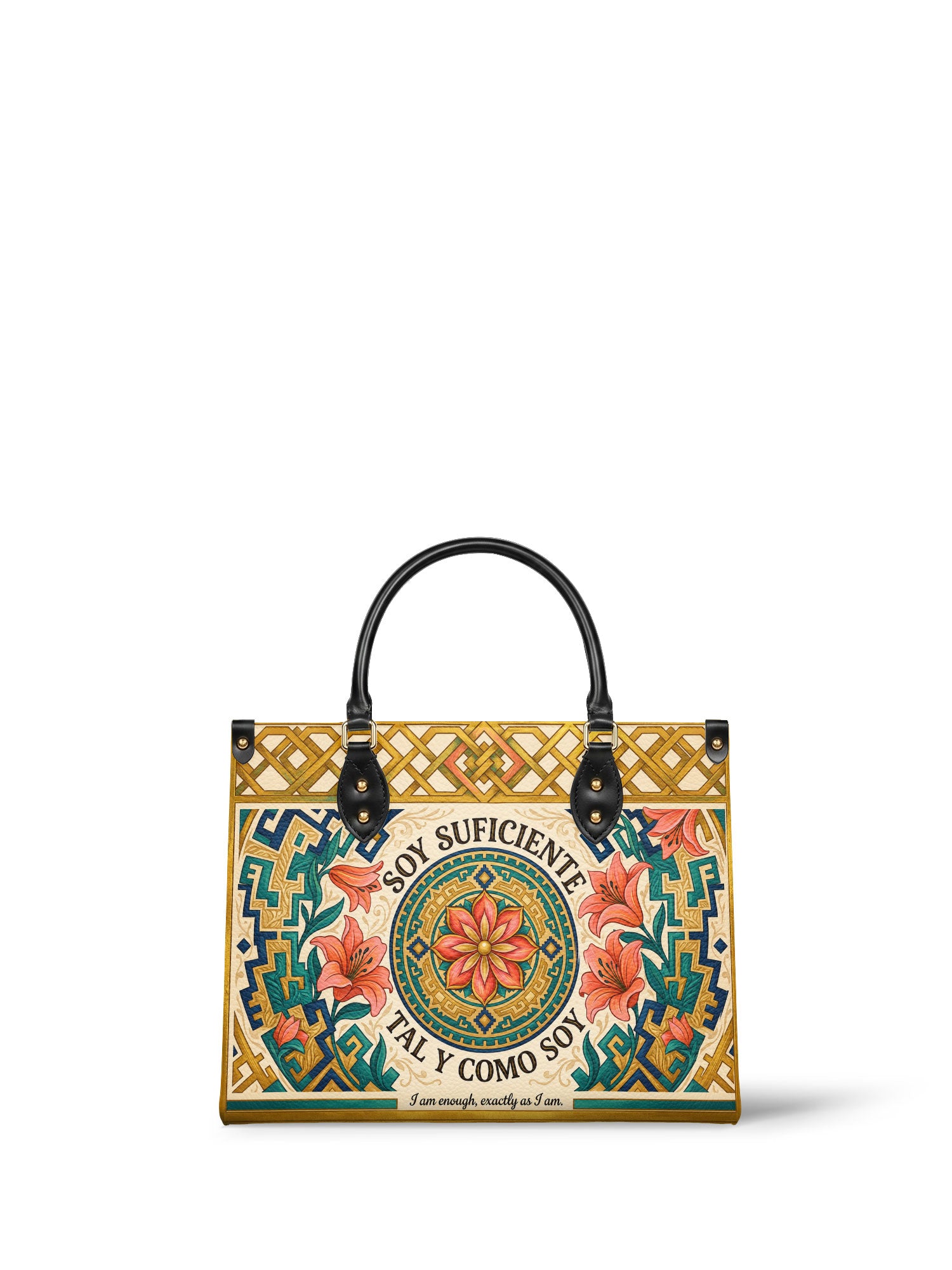 "Soy suficiente, tal y como soy" ver.9 Leather Handbag - front view | Paleta Bags