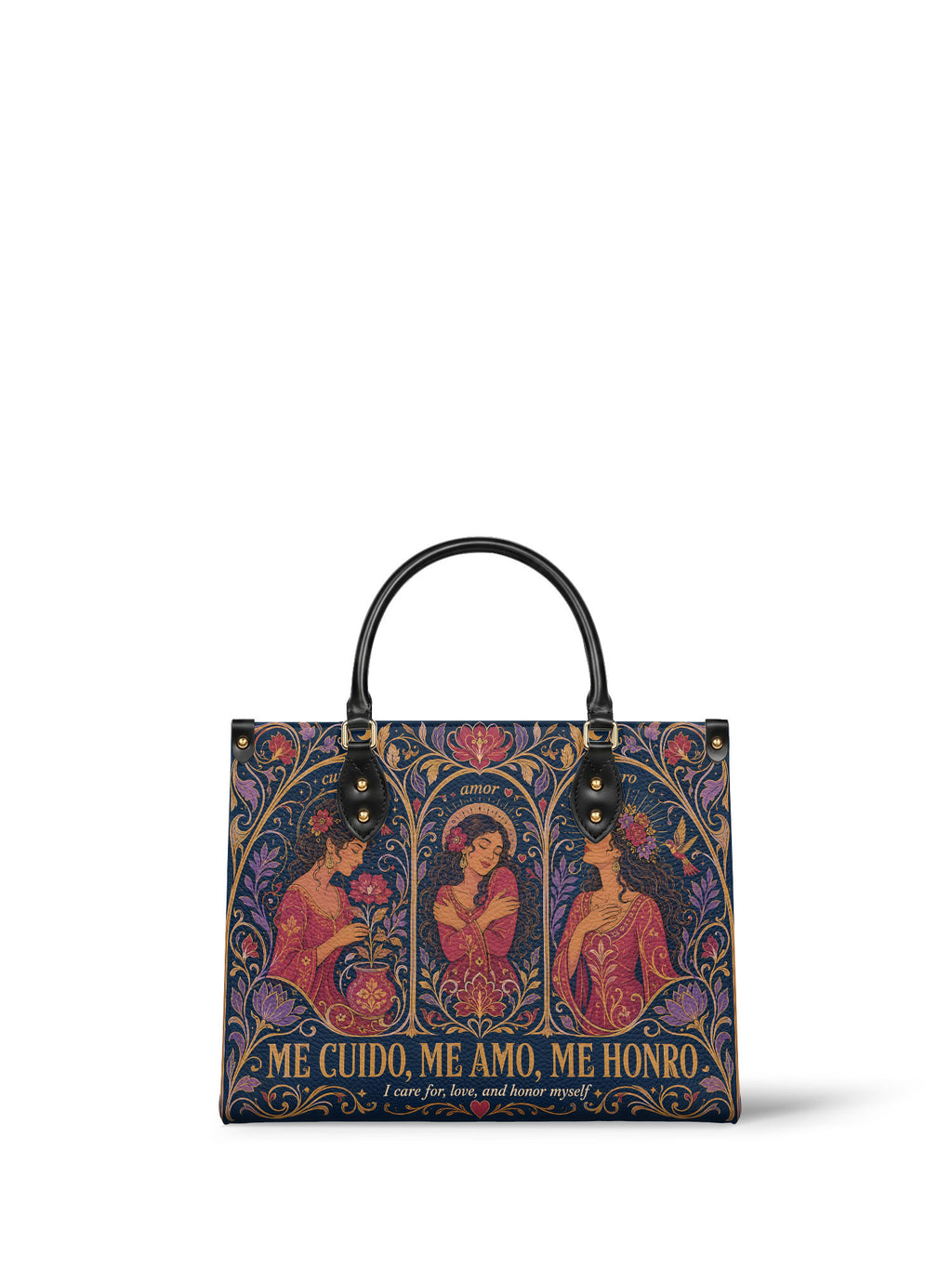 "Me cuido, me amo, me honro" ver.3 Leather Handbag - front view | Paleta Bags
