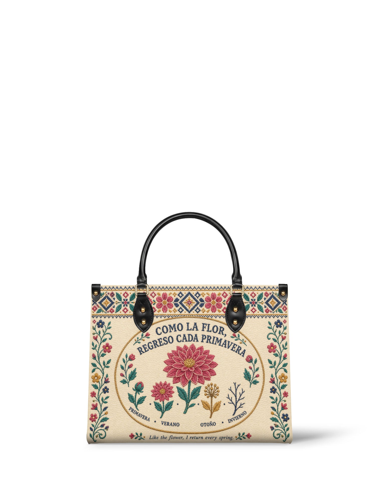 "Como la flor, regreso cada primavera" ver.3 Leather Handbag - front view | Paleta Bags