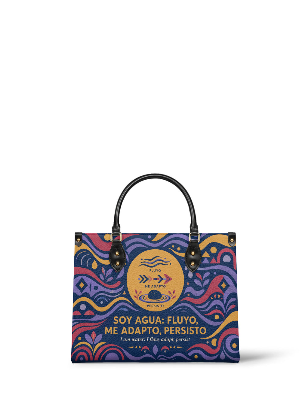 "Soy agua fluyo, me adapto, persisto" ver.3 Leather Handbag - front view | Paleta Bags