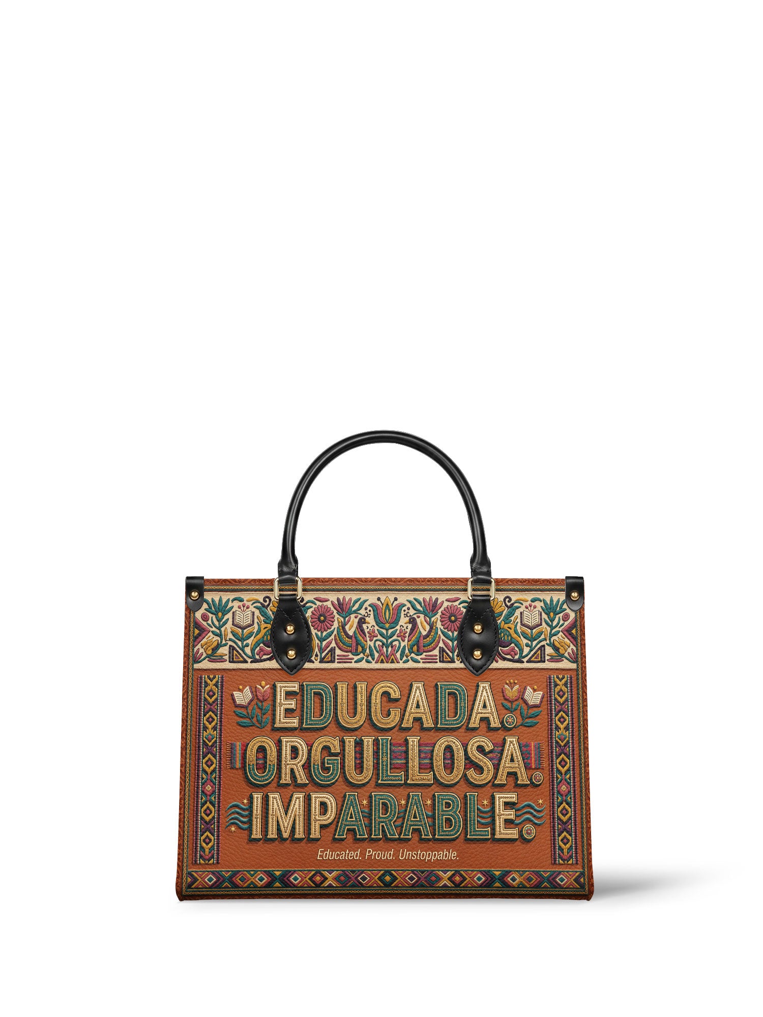 "Educada. Orgullosa. Imparable" ver.3 Leather Handbag - front view | Paleta Bags