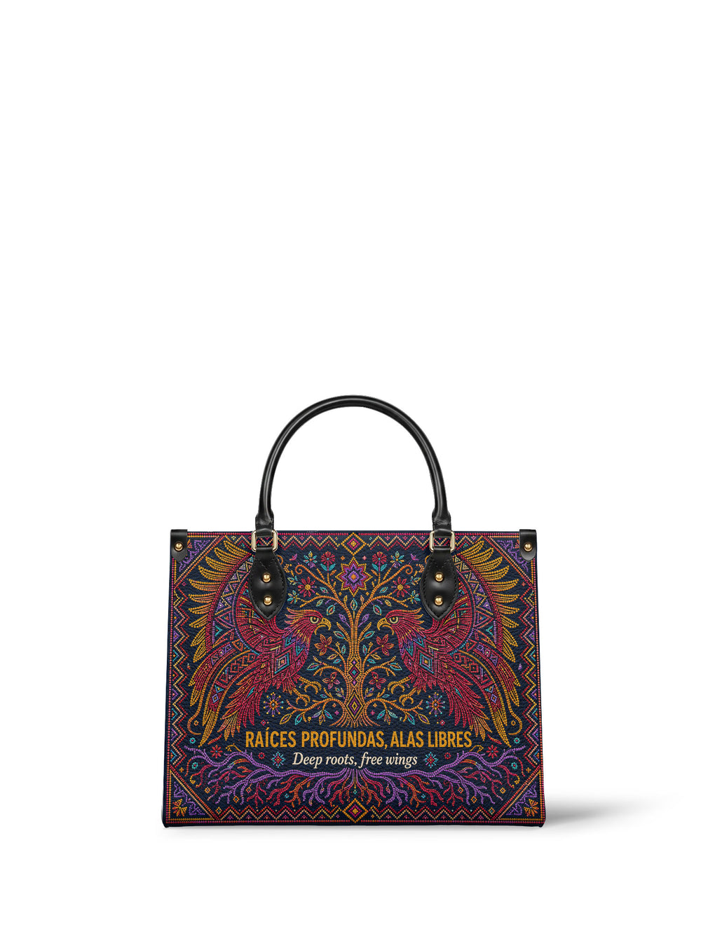 Near black beaded handbag with two eagles facing each other, wings fanned in coral and violet, a flowering tree between them