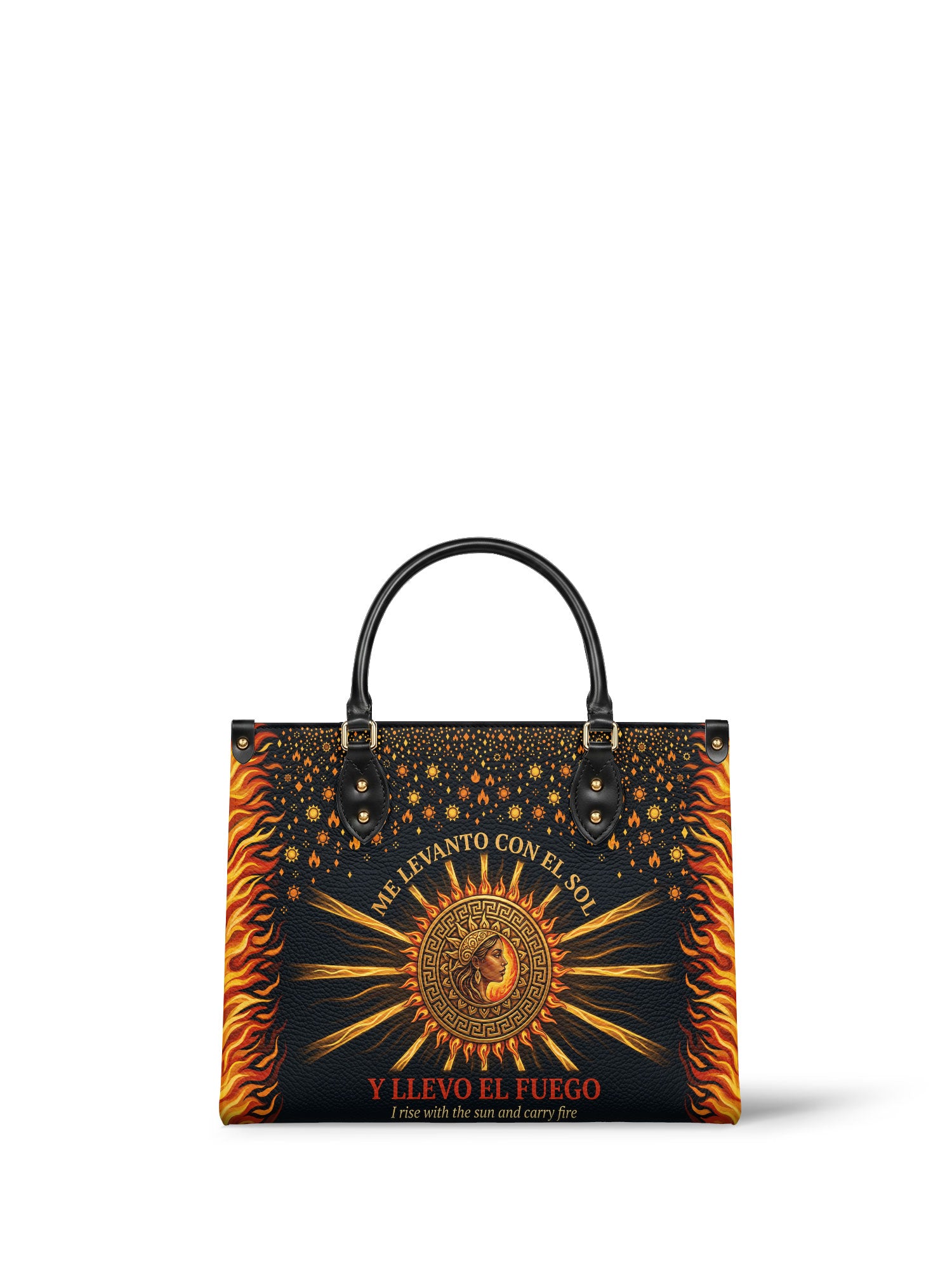 "Me levanto con el sol y llevo el fuego" ver.2 Leather Handbag - front view | Paleta Bags