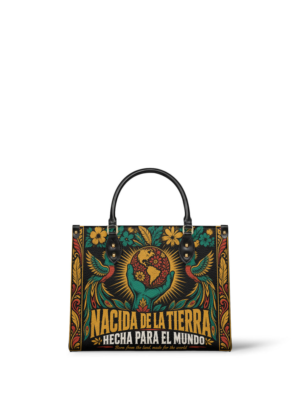 Near black handbag with teal hands lifting a gold globe with flowers growing from it, rays behind and quetzals at both sides