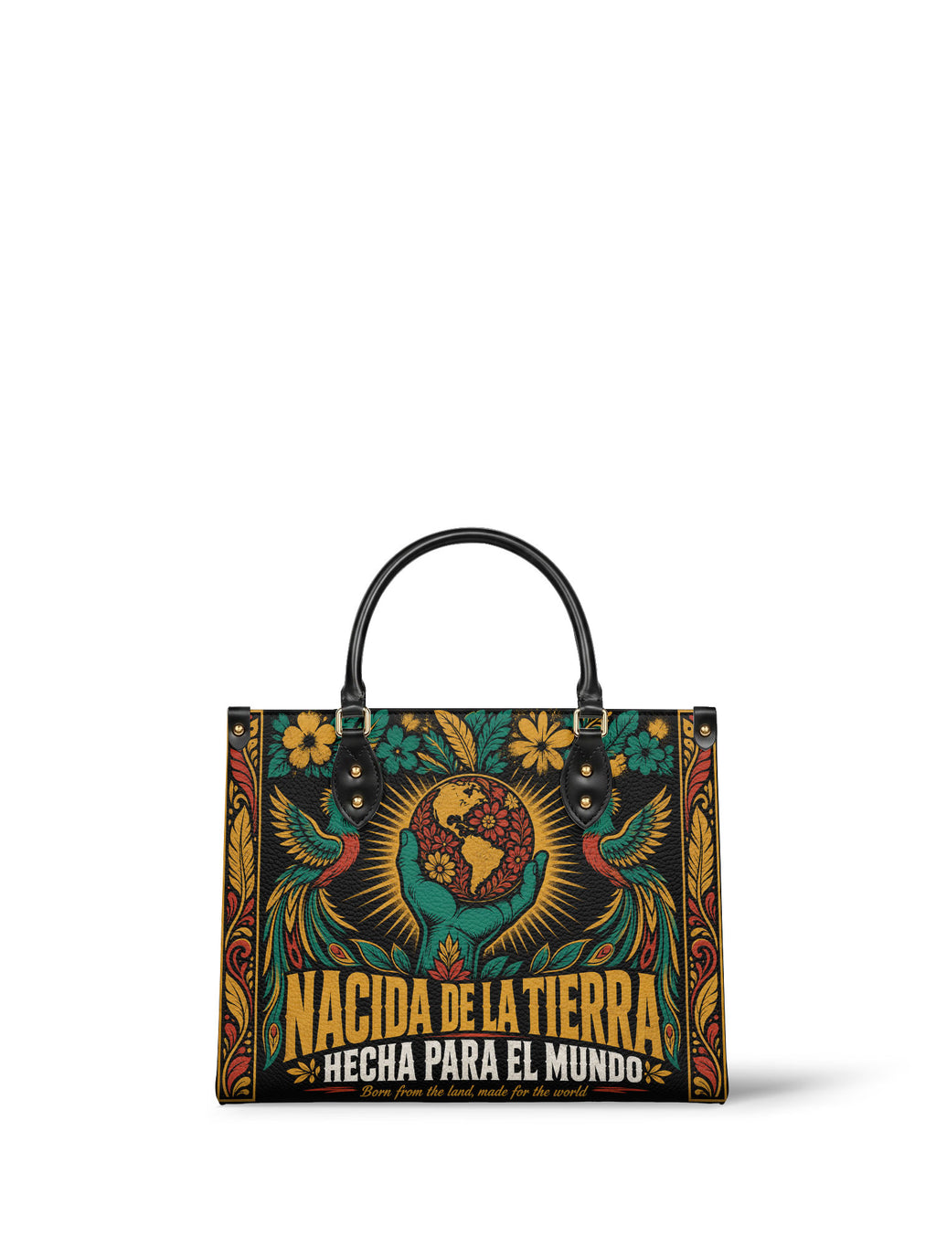 "Nacida de la tierra, hecha para el mundo" ver.4 Leather Handbag - front view | Paleta Bags