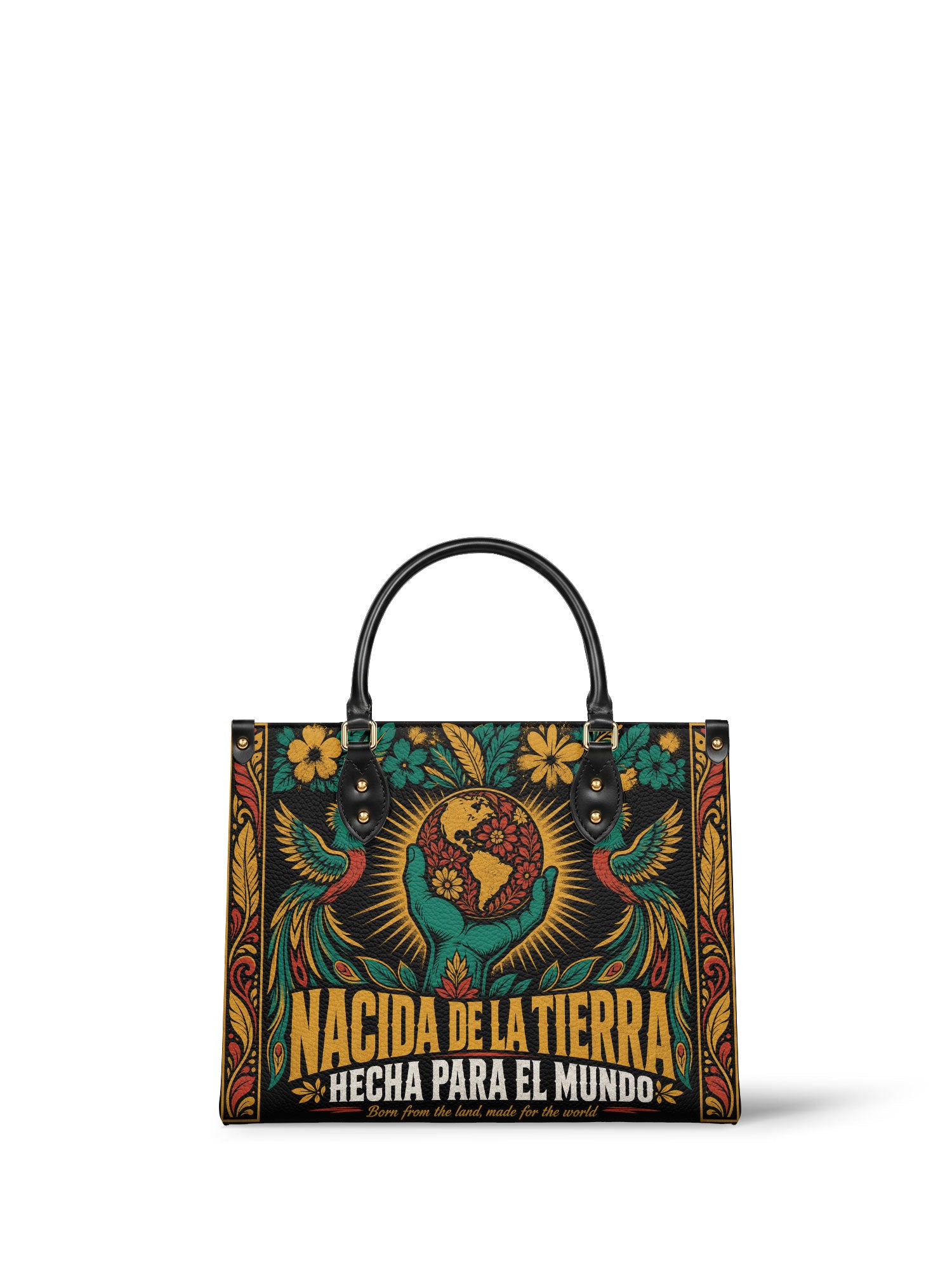 "Nacida de la tierra, hecha para el mundo" ver.4 Leather Handbag - front view | Paleta Bags