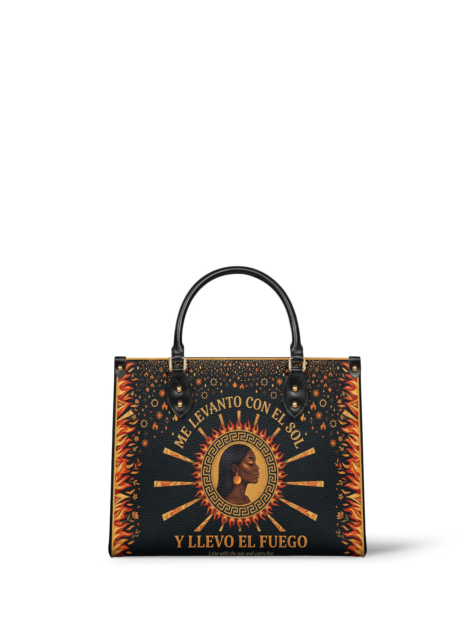 "Me levanto con el sol y llevo el fuego" ver.1 Leather Handbag - front view | Paleta Bags