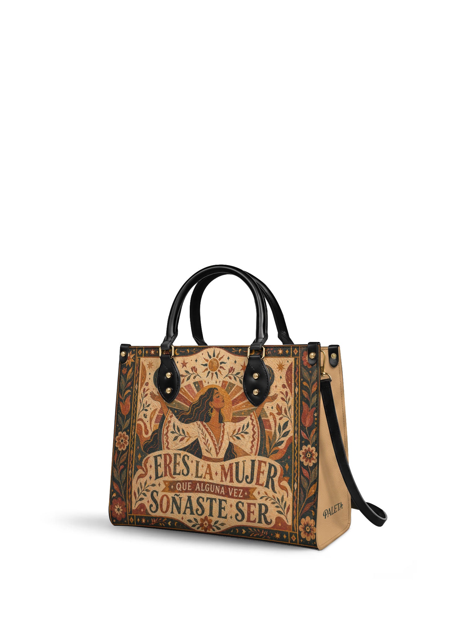 "Eres la mujer que alguna vez soñaste ser" ver.1 Leather Handbag - side view | Paleta Bags