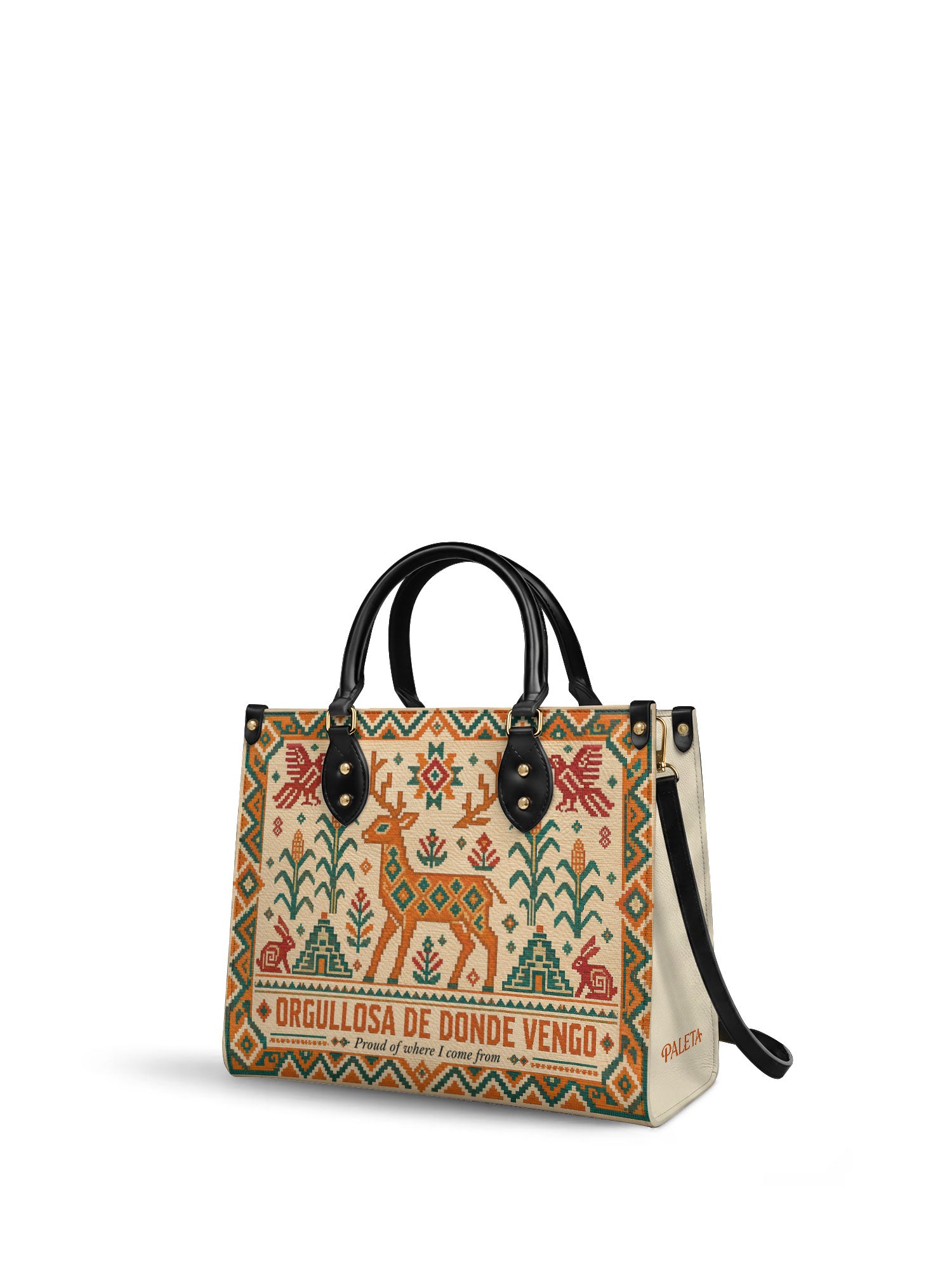 "Orgullosa de donde vengo" ver.1 Leather Handbag - side view | Paleta Bags