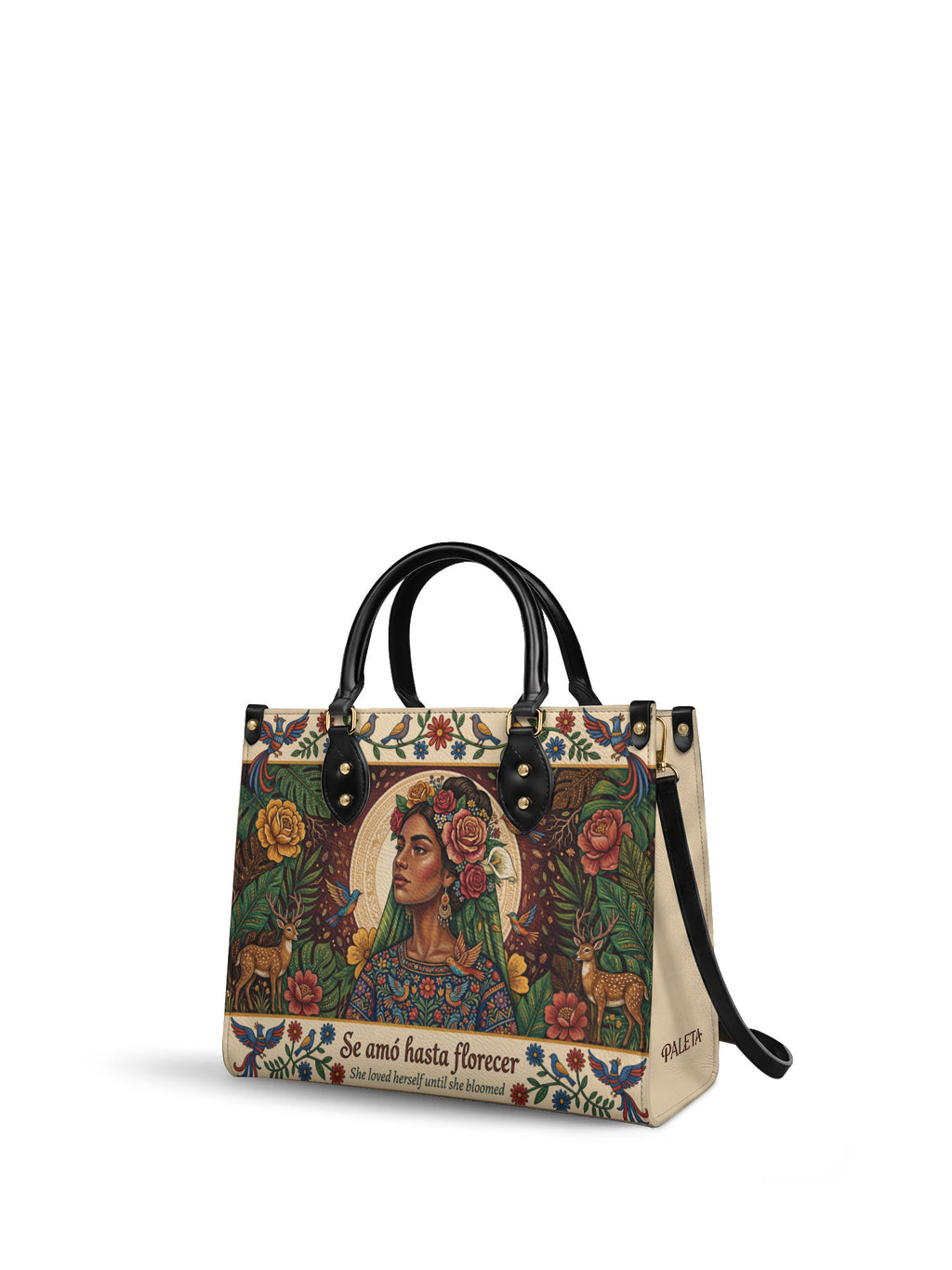 "Se amó hasta florecer" ver.8 Leather Handbag - side view | Paleta Bags