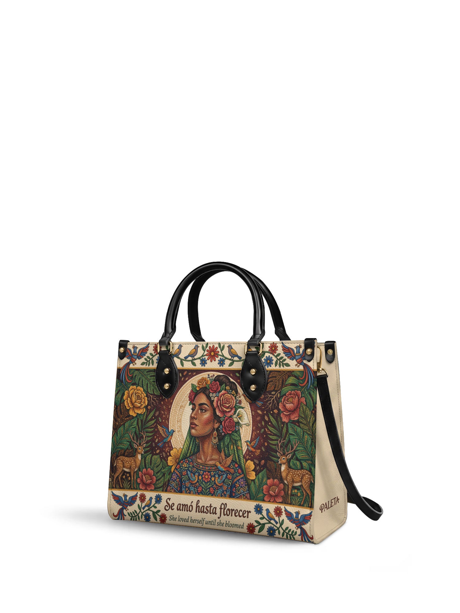 "Se amó hasta florecer" ver.8 Leather Handbag - side view | Paleta Bags