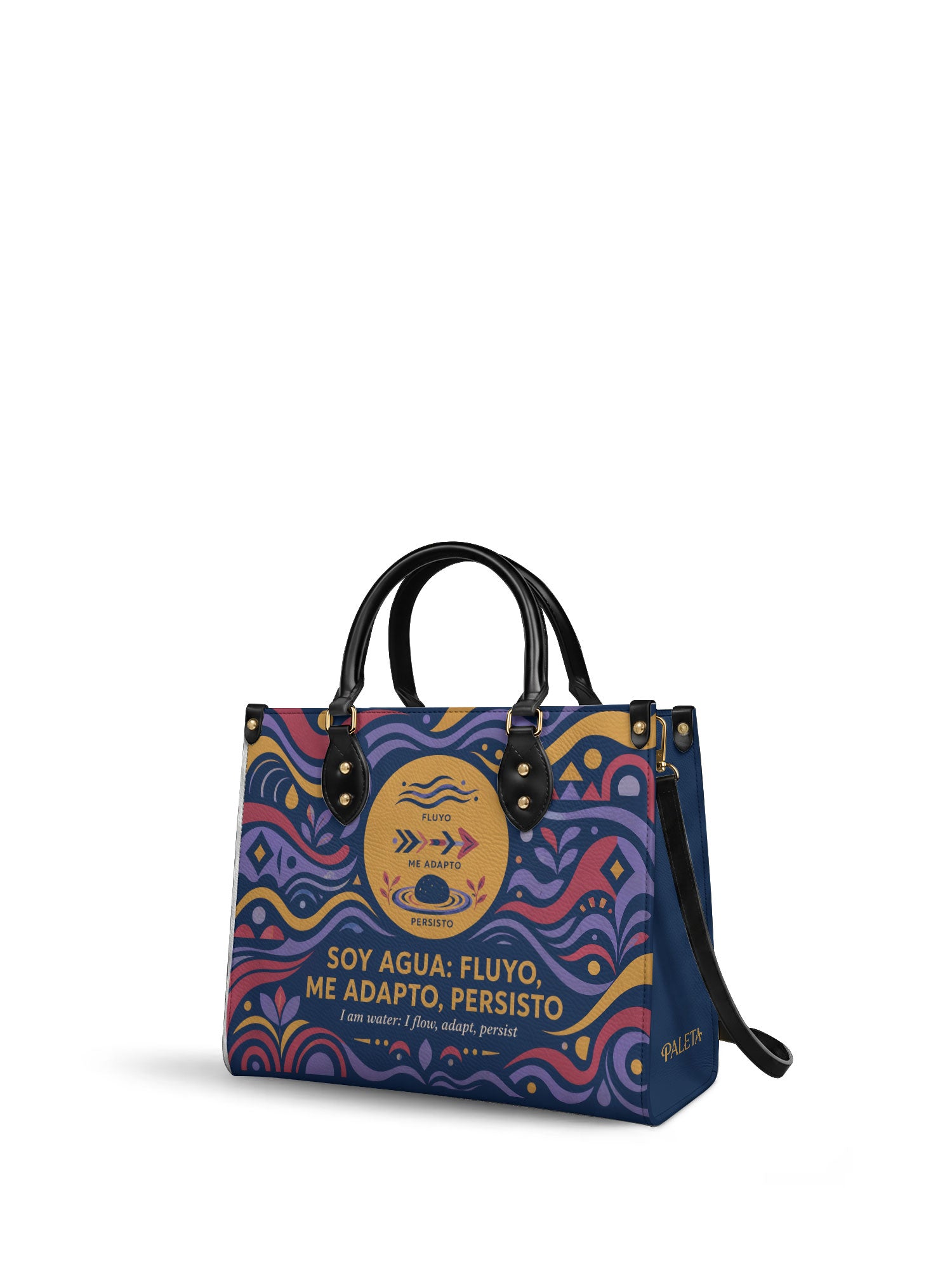 "Soy agua fluyo, me adapto, persisto" ver.3 Leather Handbag - side view | Paleta Bags