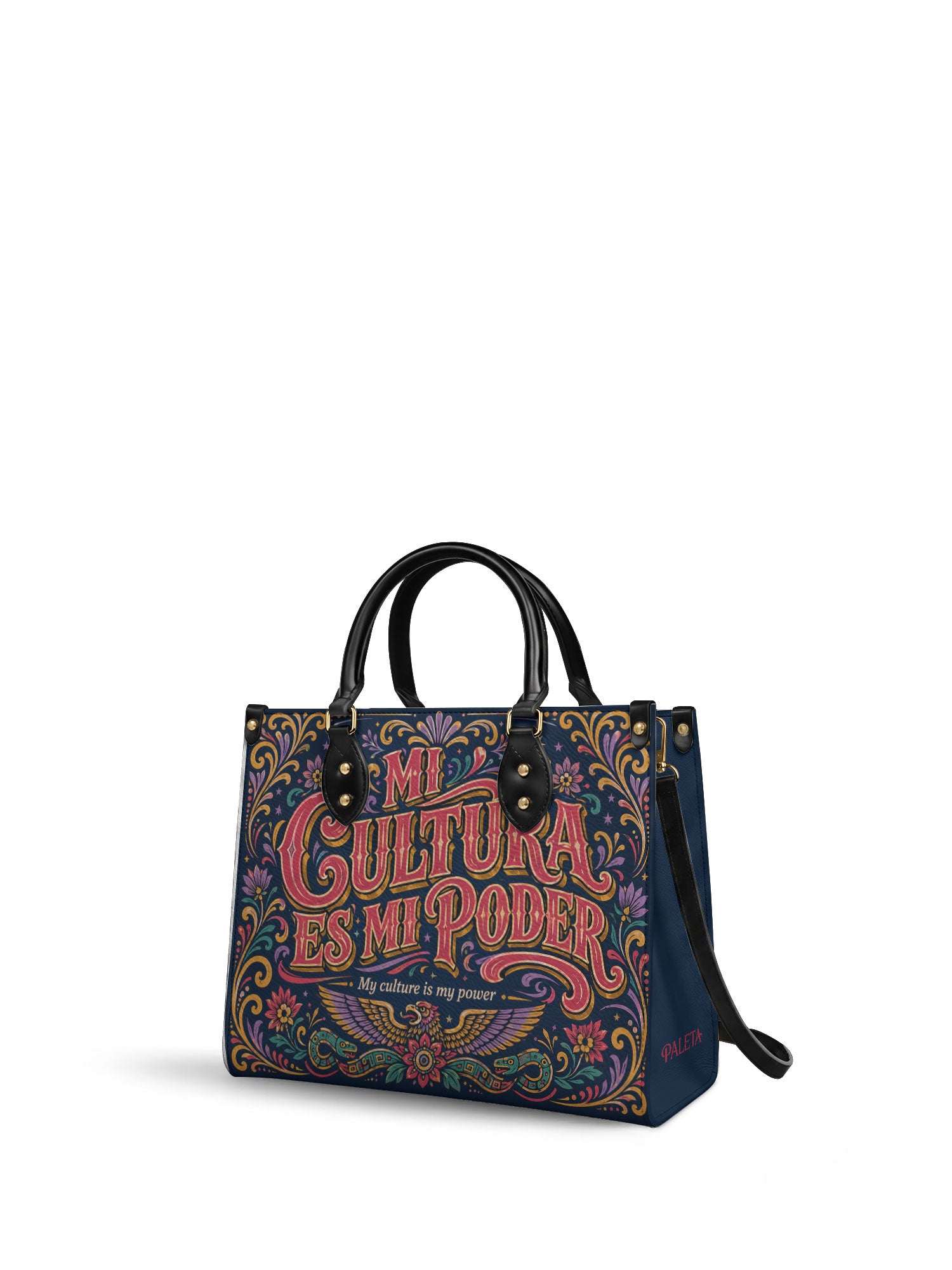 "Mi cultura es mi poder" ver.2 Leather Handbag - side view | Paleta Bags