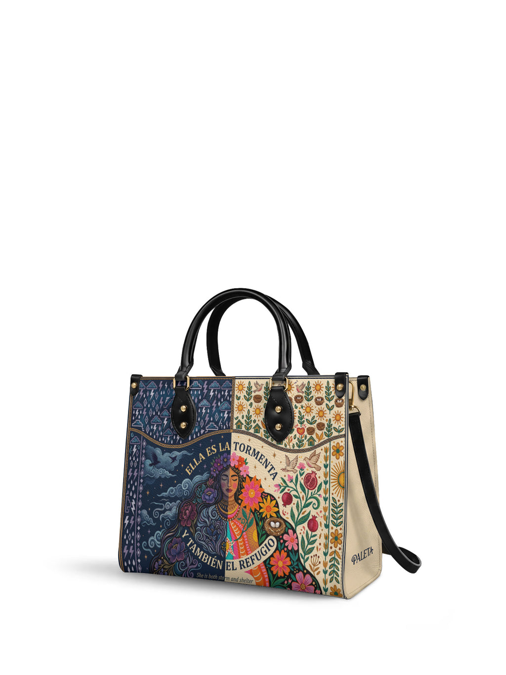"Ella es la tormenta y también el refugio" ver.1 Leather Handbag - side view | Paleta Bags