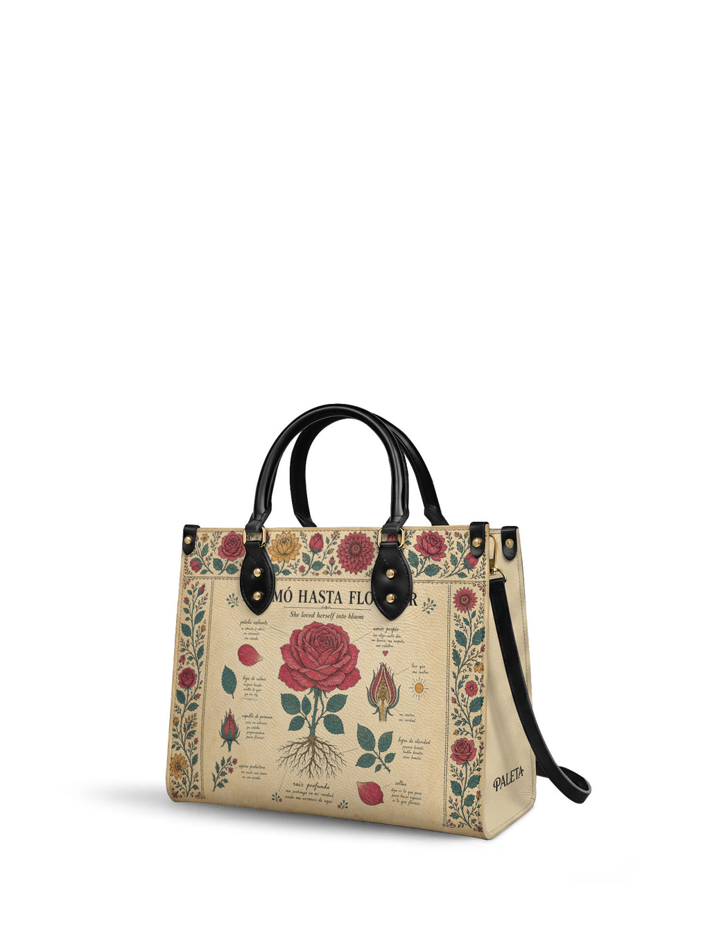 "Se amó hasta florecer" ver.5 Leather Handbag - side view | Paleta Bags