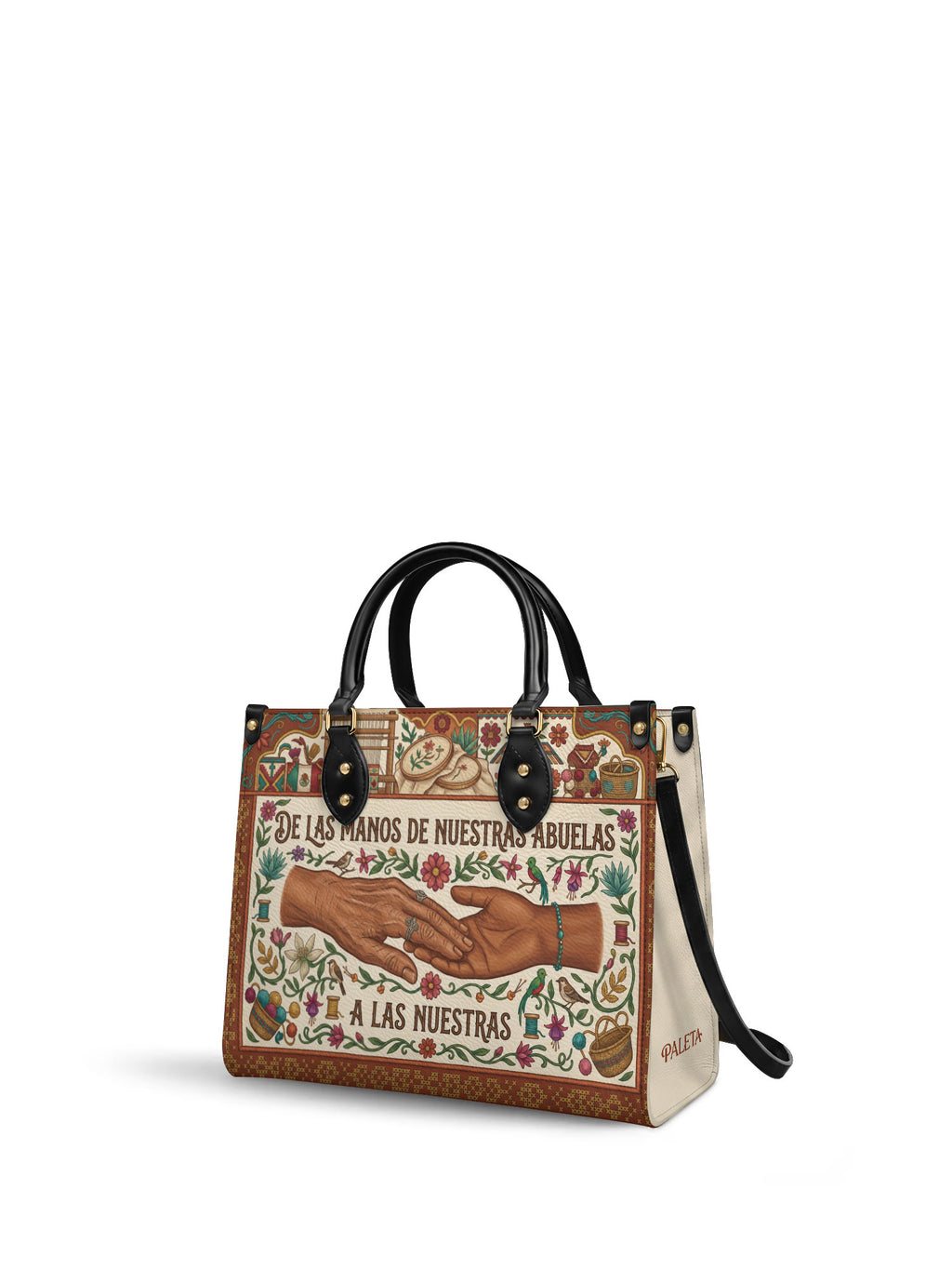 "De las manos de nuestras abuelas a las nuestras" ver.4 Leather Handbag - side view | Paleta Bags