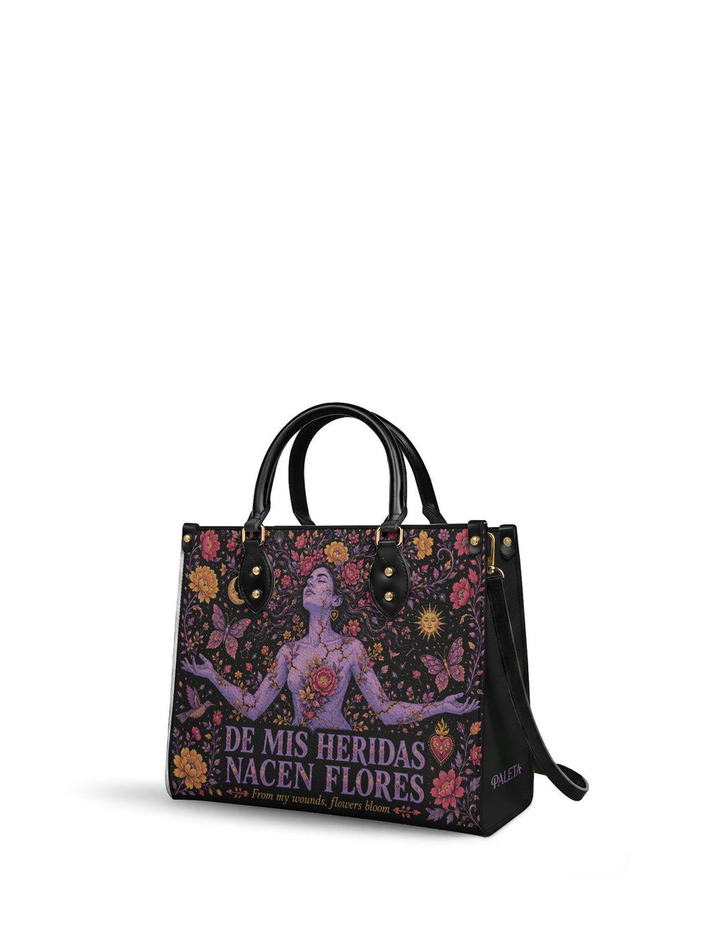 "De mis heridas nacen flores" ver.5 Leather Handbag - side view | Paleta Bags