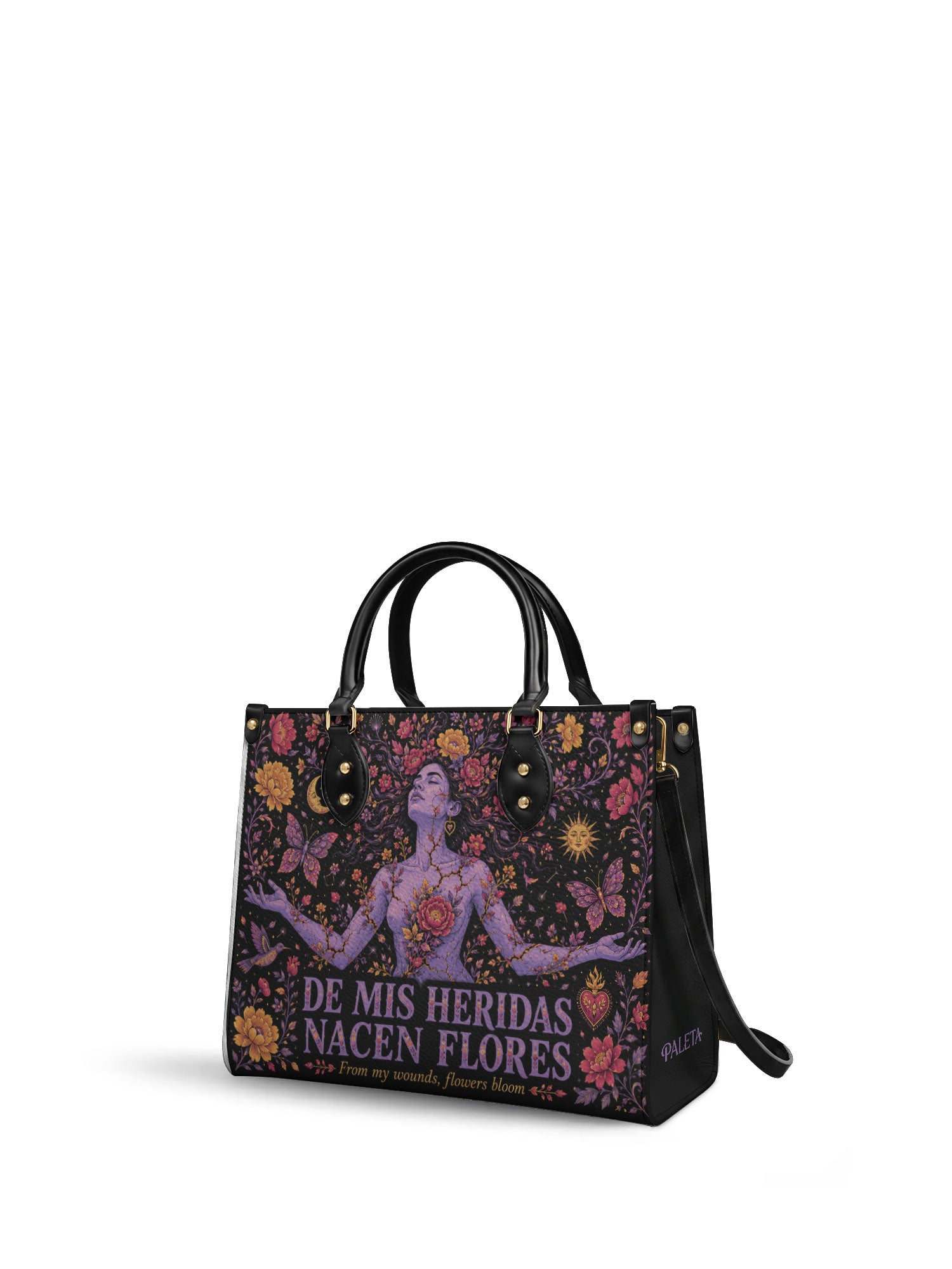 "De mis heridas nacen flores" ver.5 Leather Handbag - side view | Paleta Bags