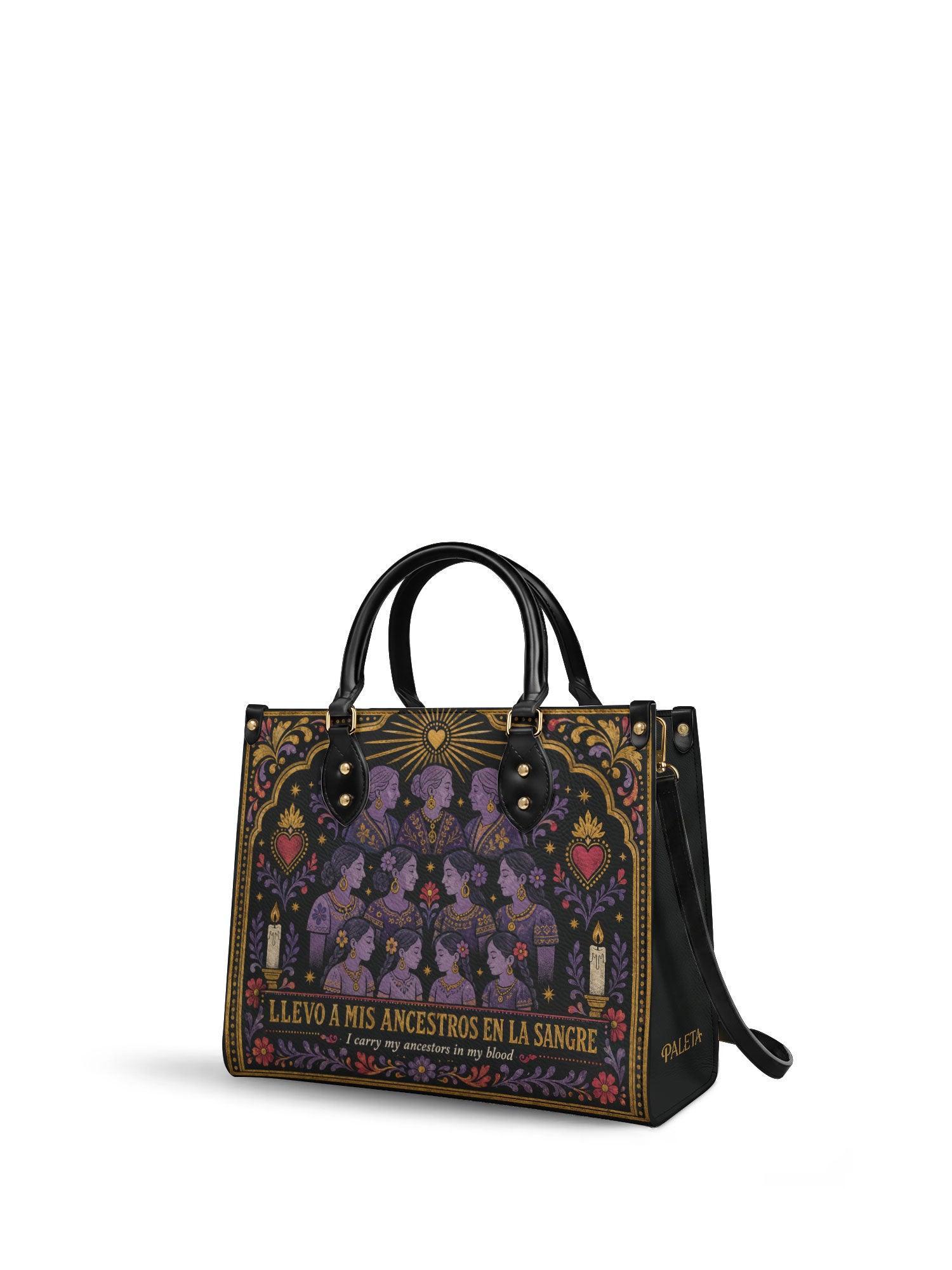 "Llevo a mis ancestros en la sangre" ver.3 Leather Handbag - side view | Paleta Bags