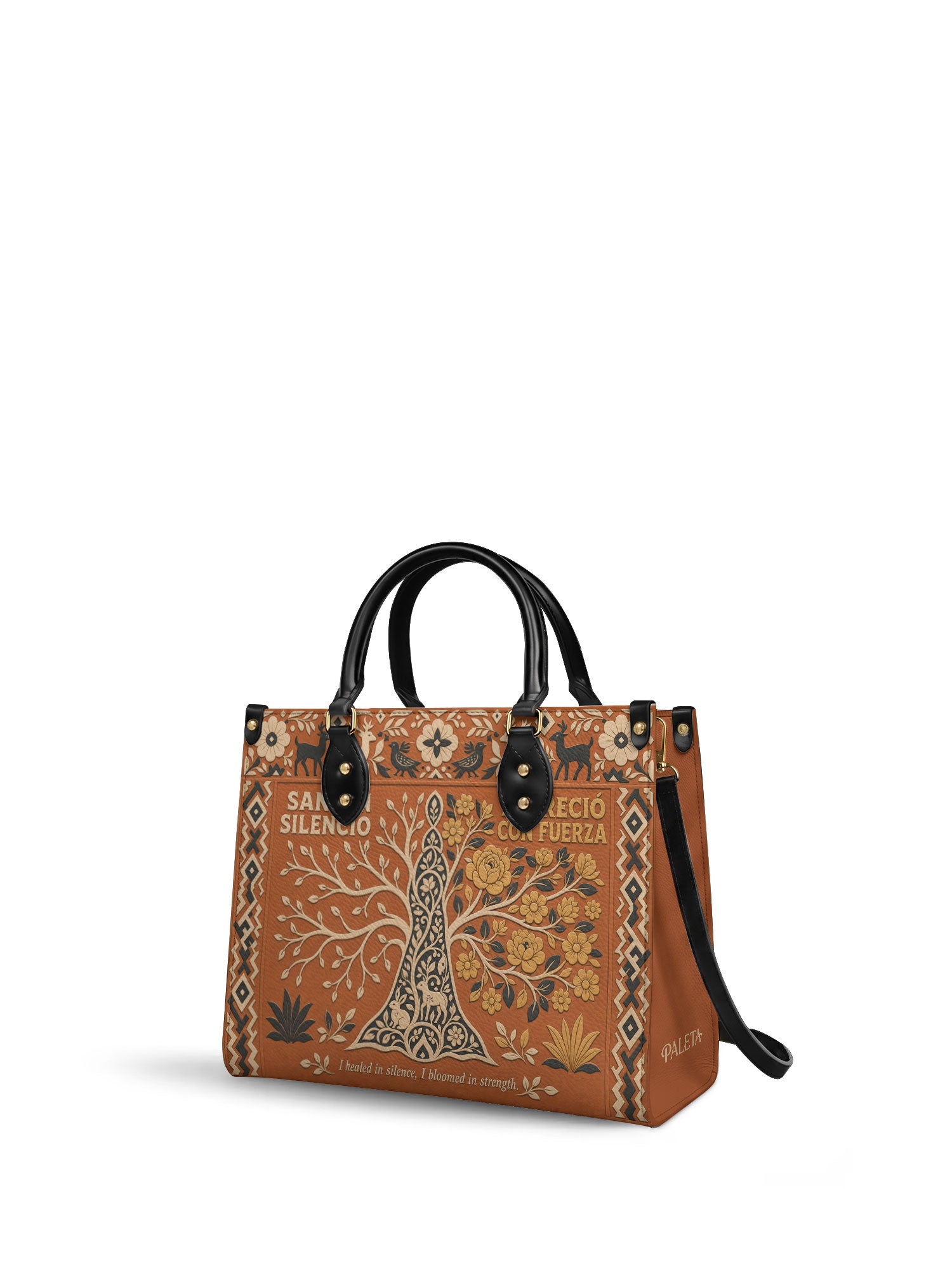 "Sanó en silencio, floreció con fuerza" ver.4 Leather Handbag - side view | Paleta Bags