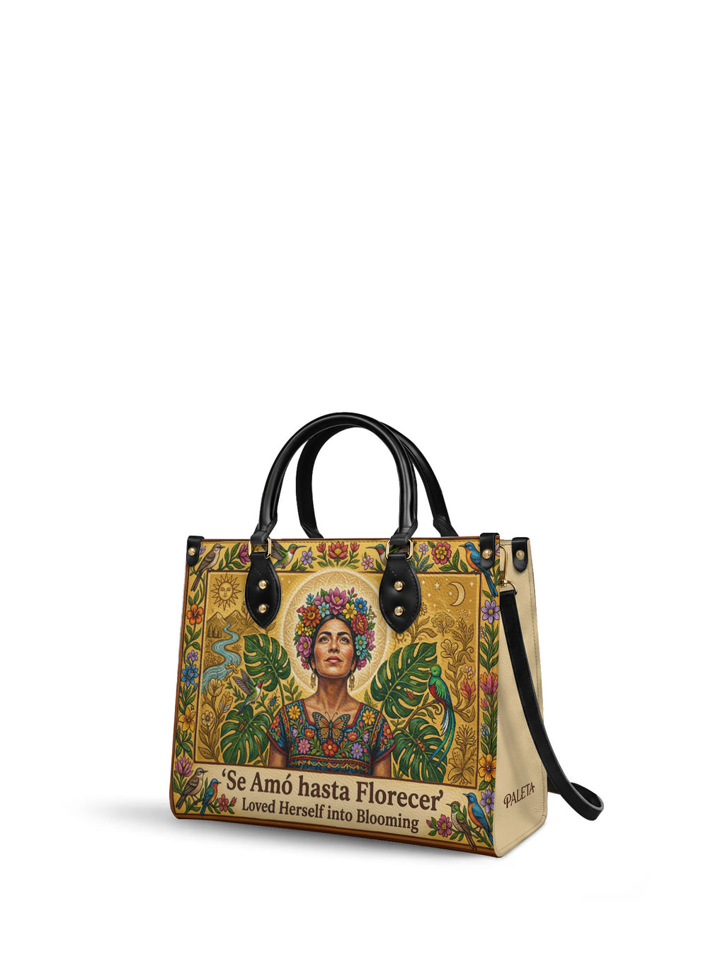 "Se amó hasta florecer" ver.7 Leather Handbag - side view | Paleta Bags
