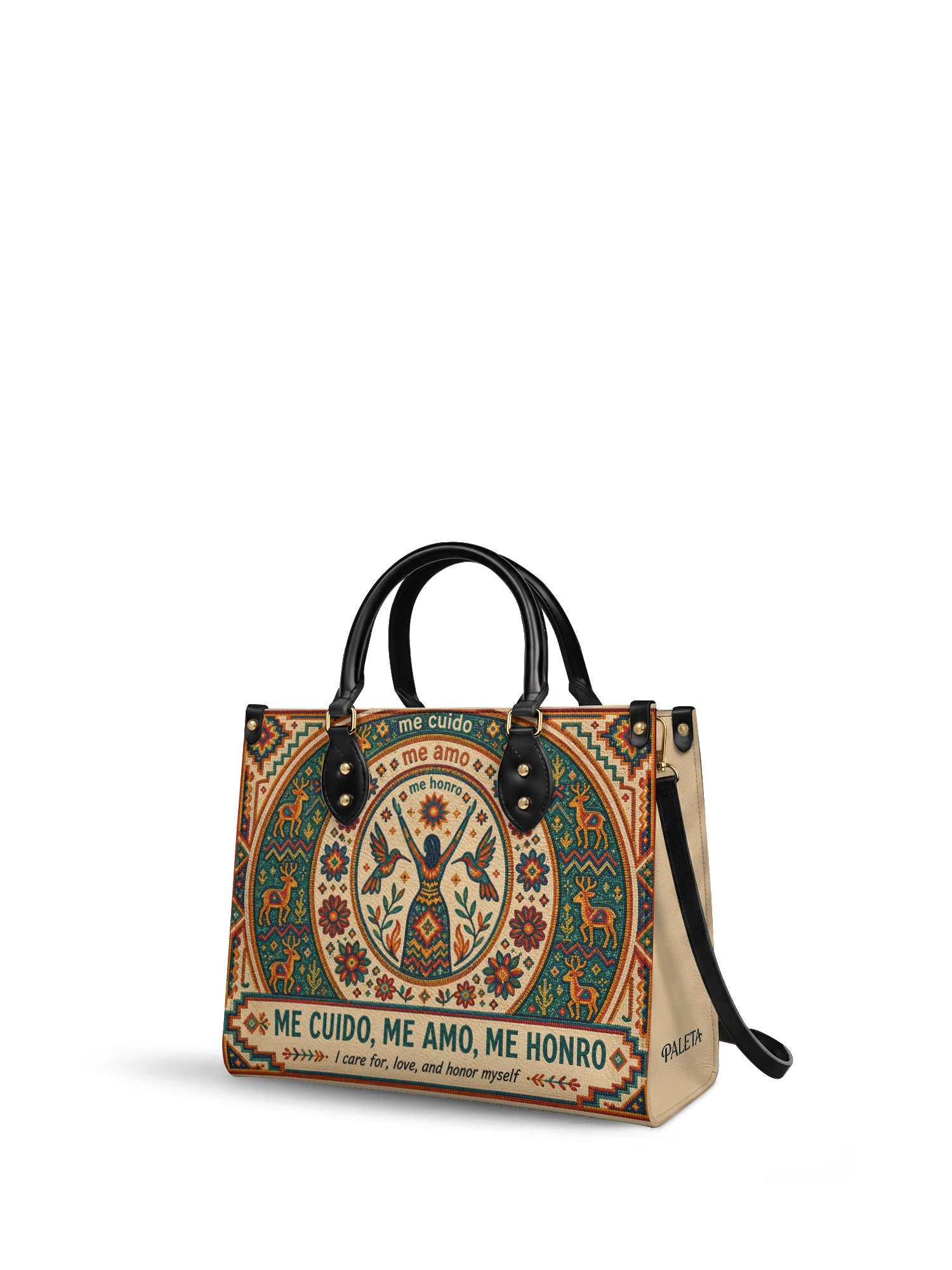 "Me cuido, me amo, me honro" ver.1 Leather Handbag - side view | Paleta Bags