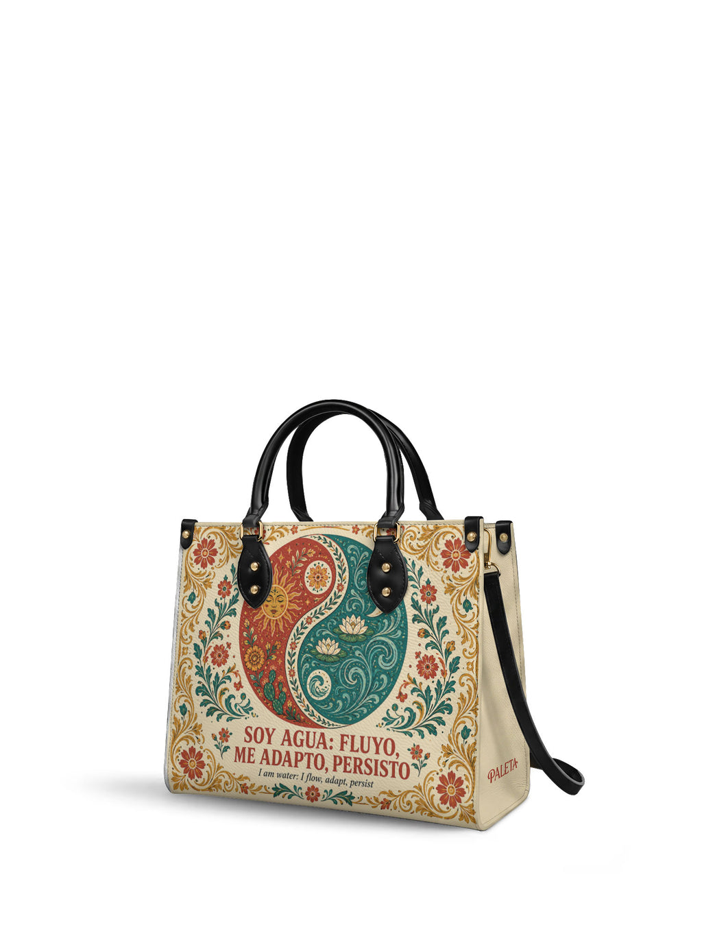 "Soy agua fluyo, me adapto, persisto" ver.5 Leather Handbag - side view | Paleta Bags