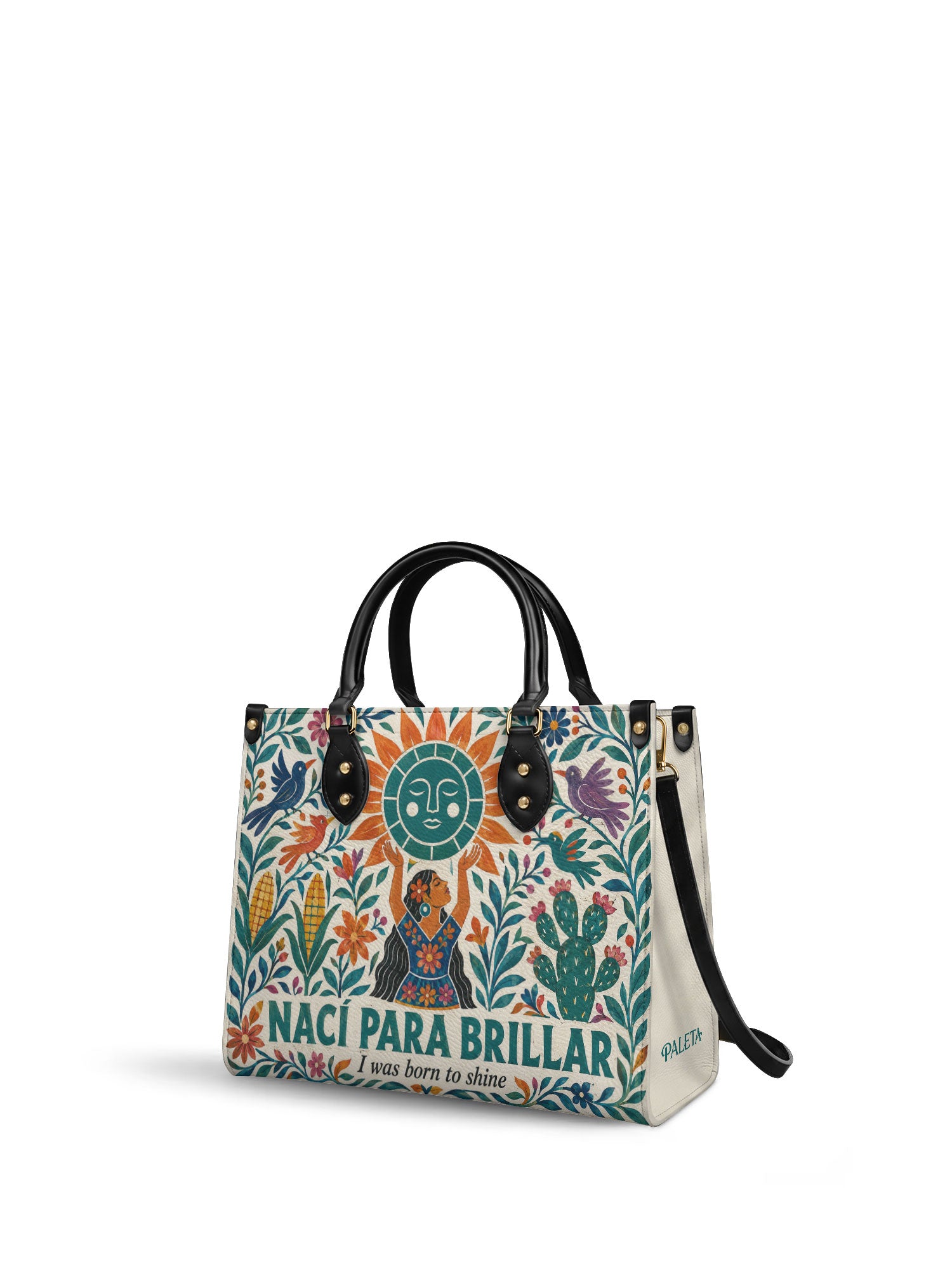 "Nací para brillar" ver.2 Leather Handbag - side view | Paleta Bags