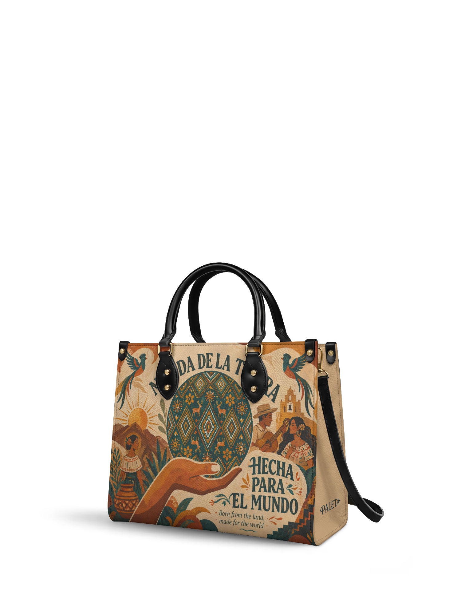 "Nacida de la tierra, hecha para el mundo" ver.1 Leather Handbag - side view | Paleta Bags