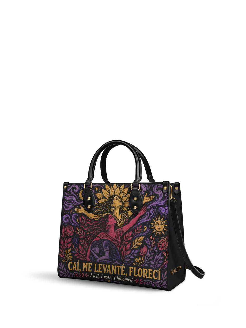 "Caí, me levanté, florecí" ver.4 Leather Handbag - side view | Paleta Bags